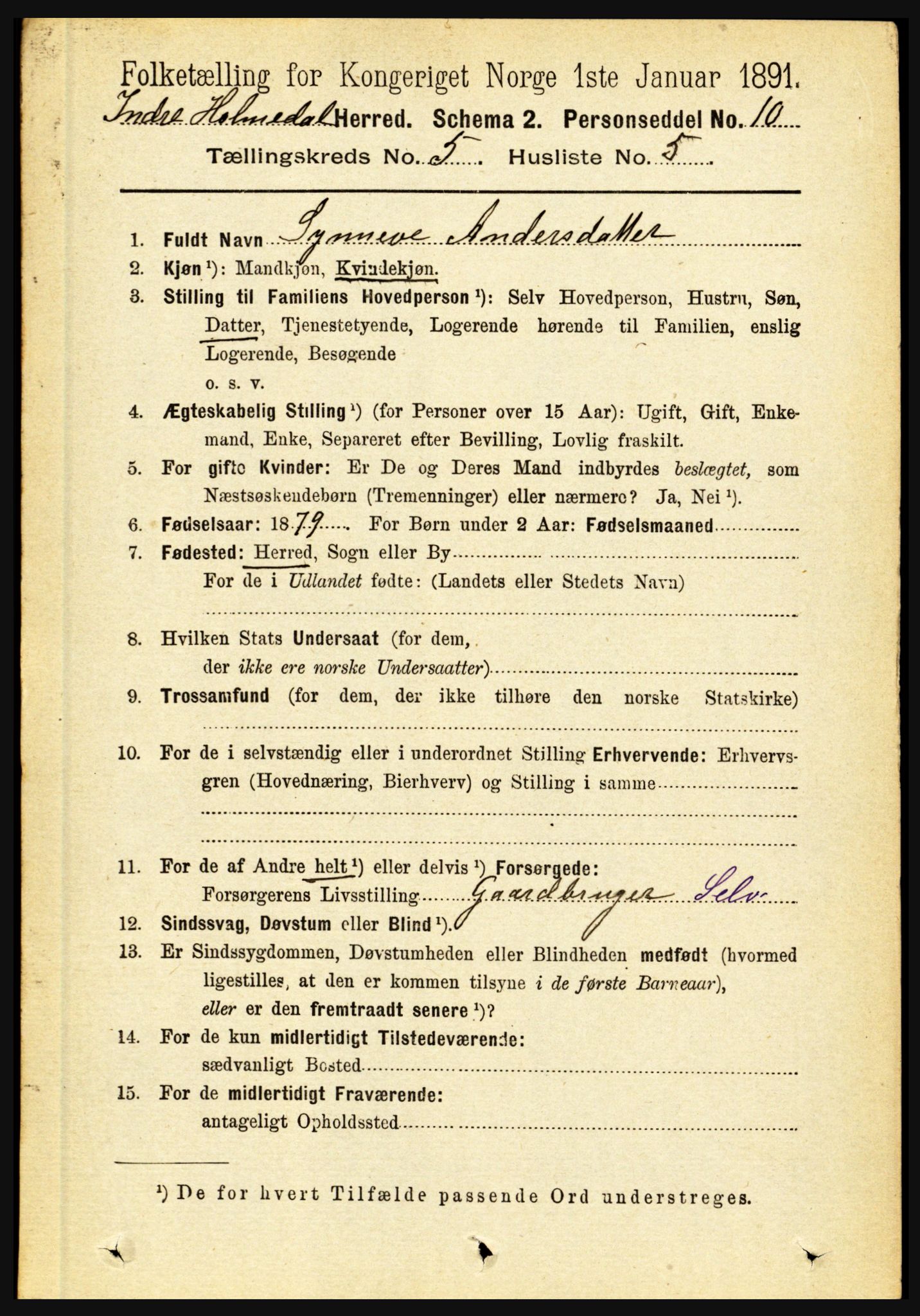 RA, 1891 census for 1430 Indre Holmedal, 1891, p. 1931