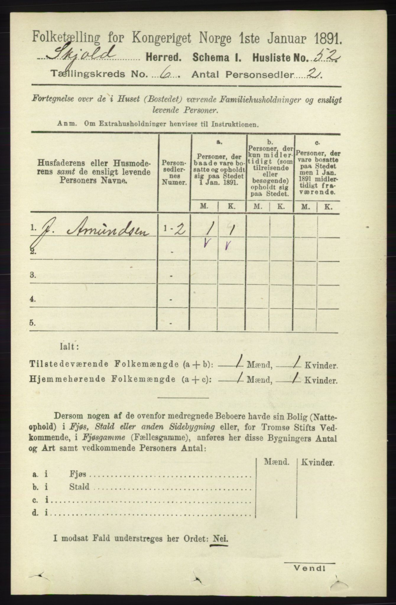 RA, 1891 census for 1154 Skjold, 1891, p. 1001