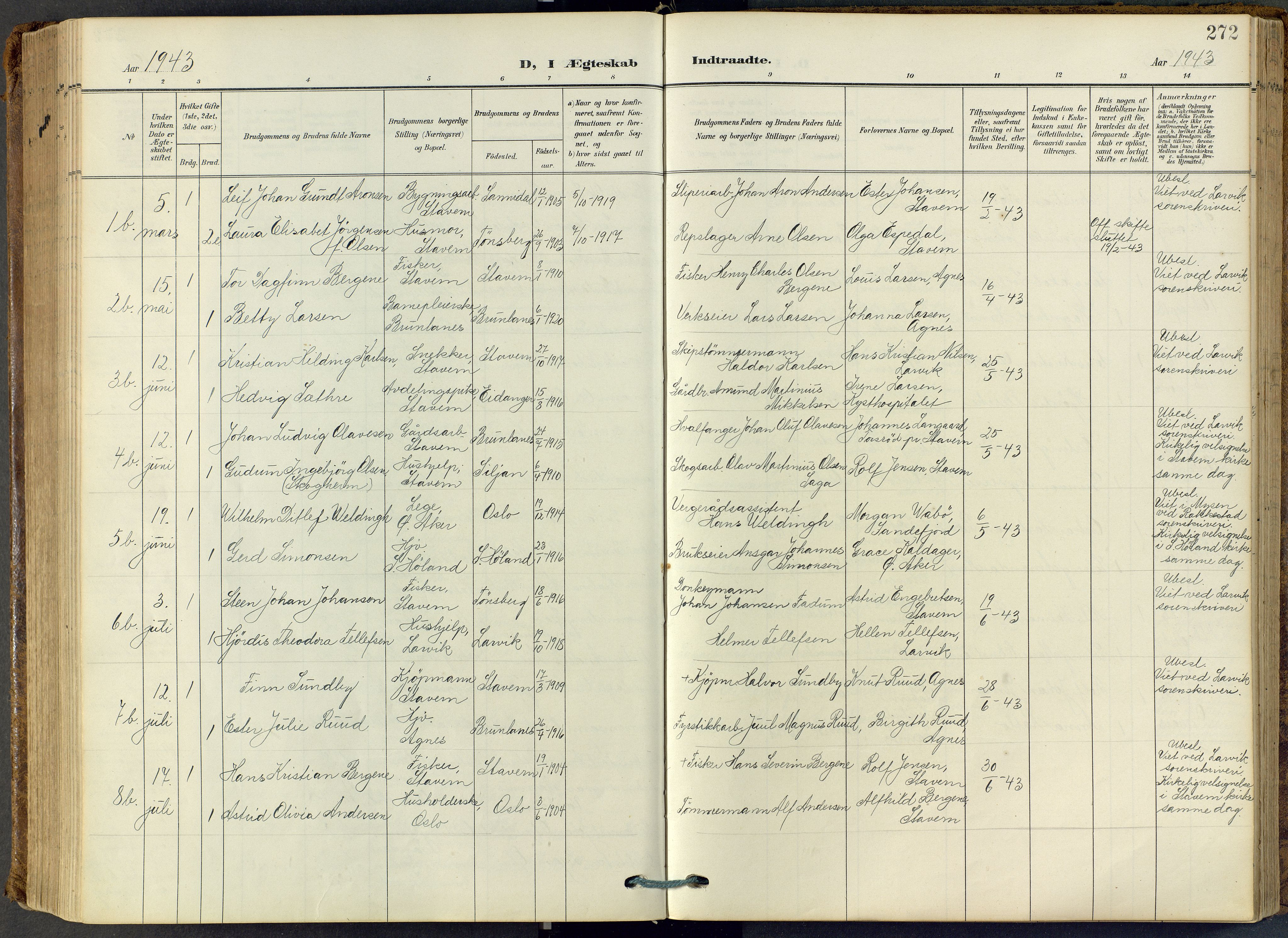 Stavern kirkebøker, SAKO/A-318/F/Fa/L0009: Parish register (official) no. 9, 1906-1955, p. 272