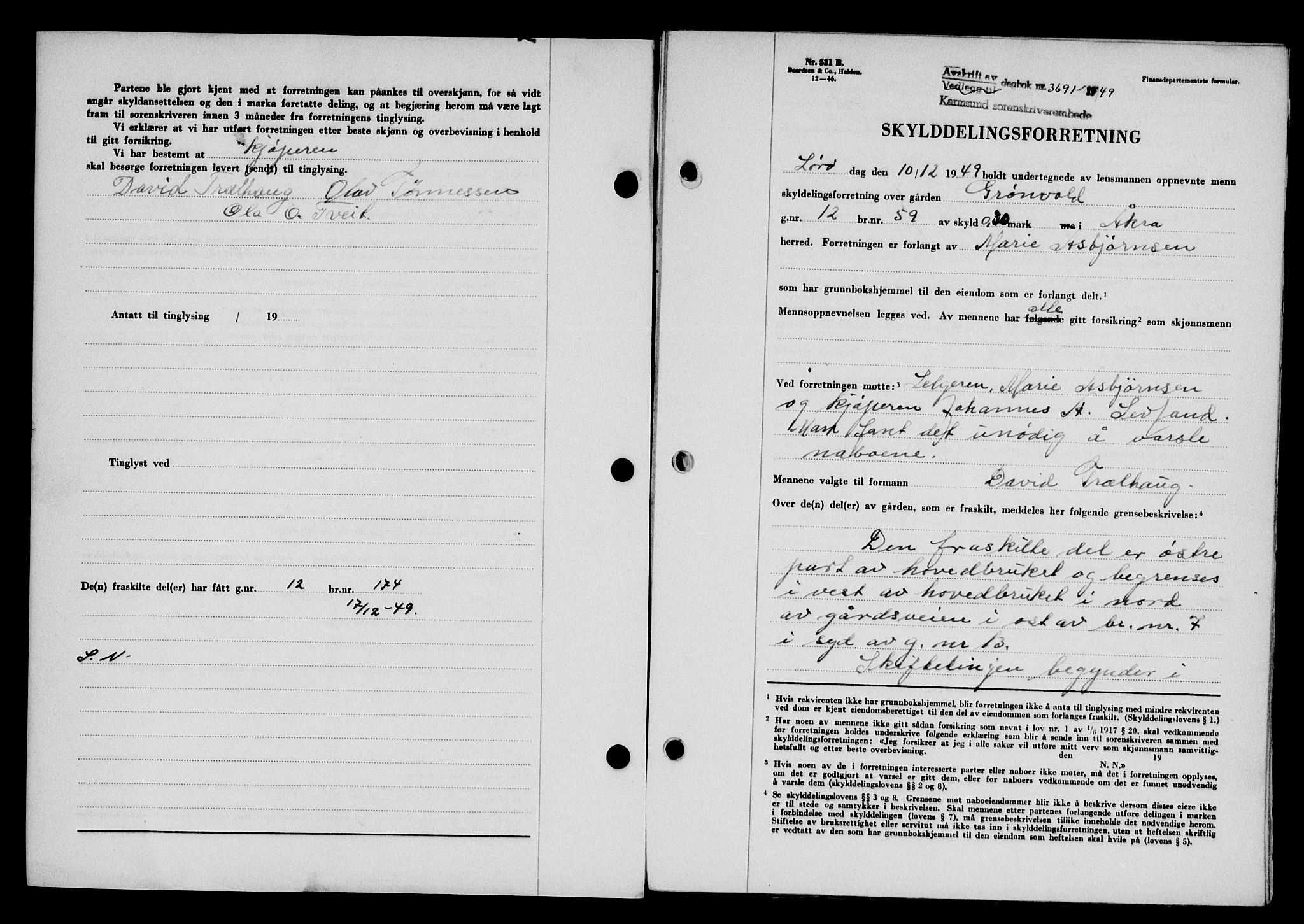 Karmsund sorenskriveri, SAST/A-100311/01/II/IIB/L0098: Mortgage book no. 78A, 1949-1950, Diary no: : 3691/1949