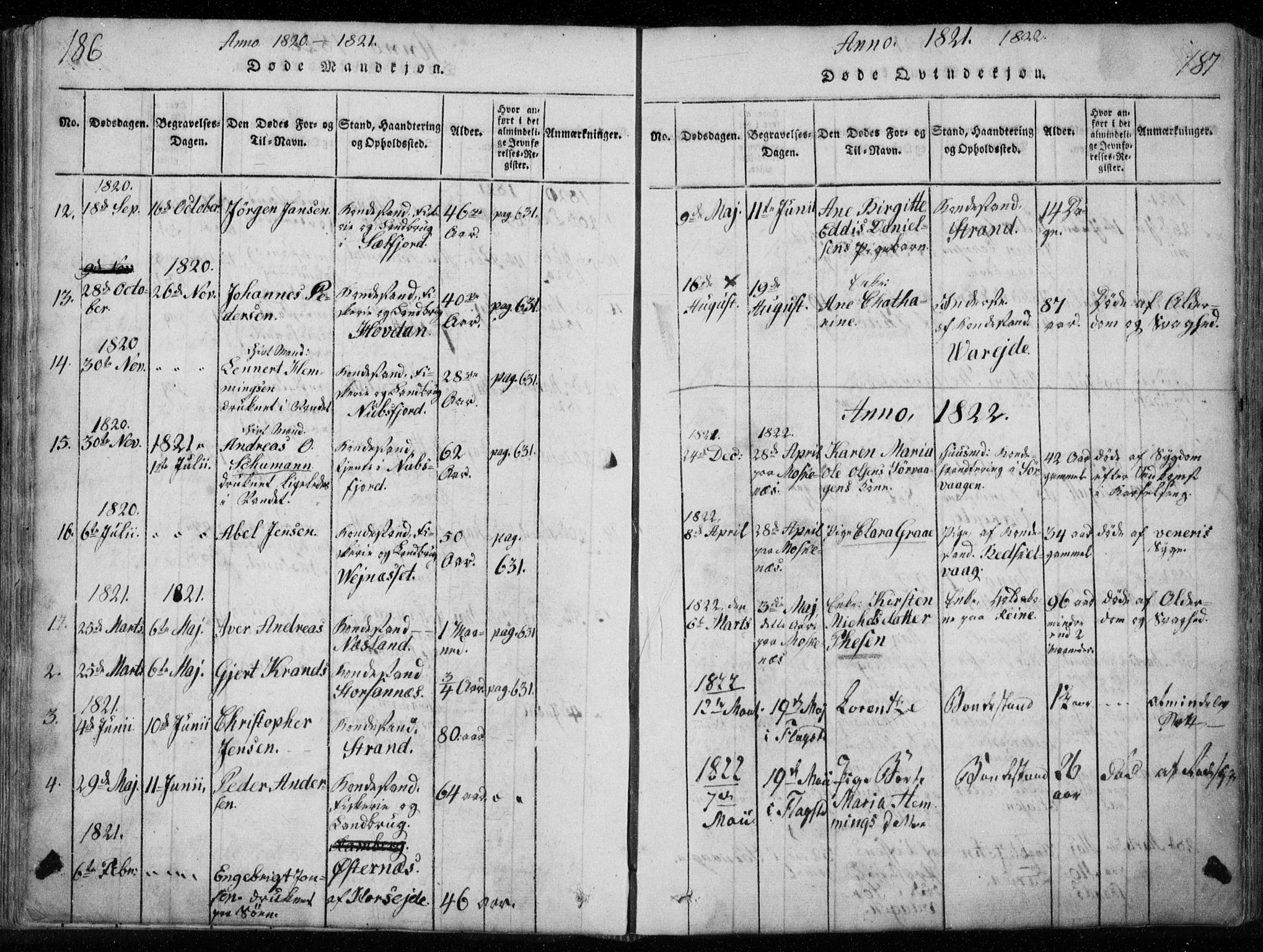 Ministerialprotokoller, klokkerbøker og fødselsregistre - Nordland, AV/SAT-A-1459/885/L1201: Parish register (official) no. 885A02, 1820-1837, p. 186-187