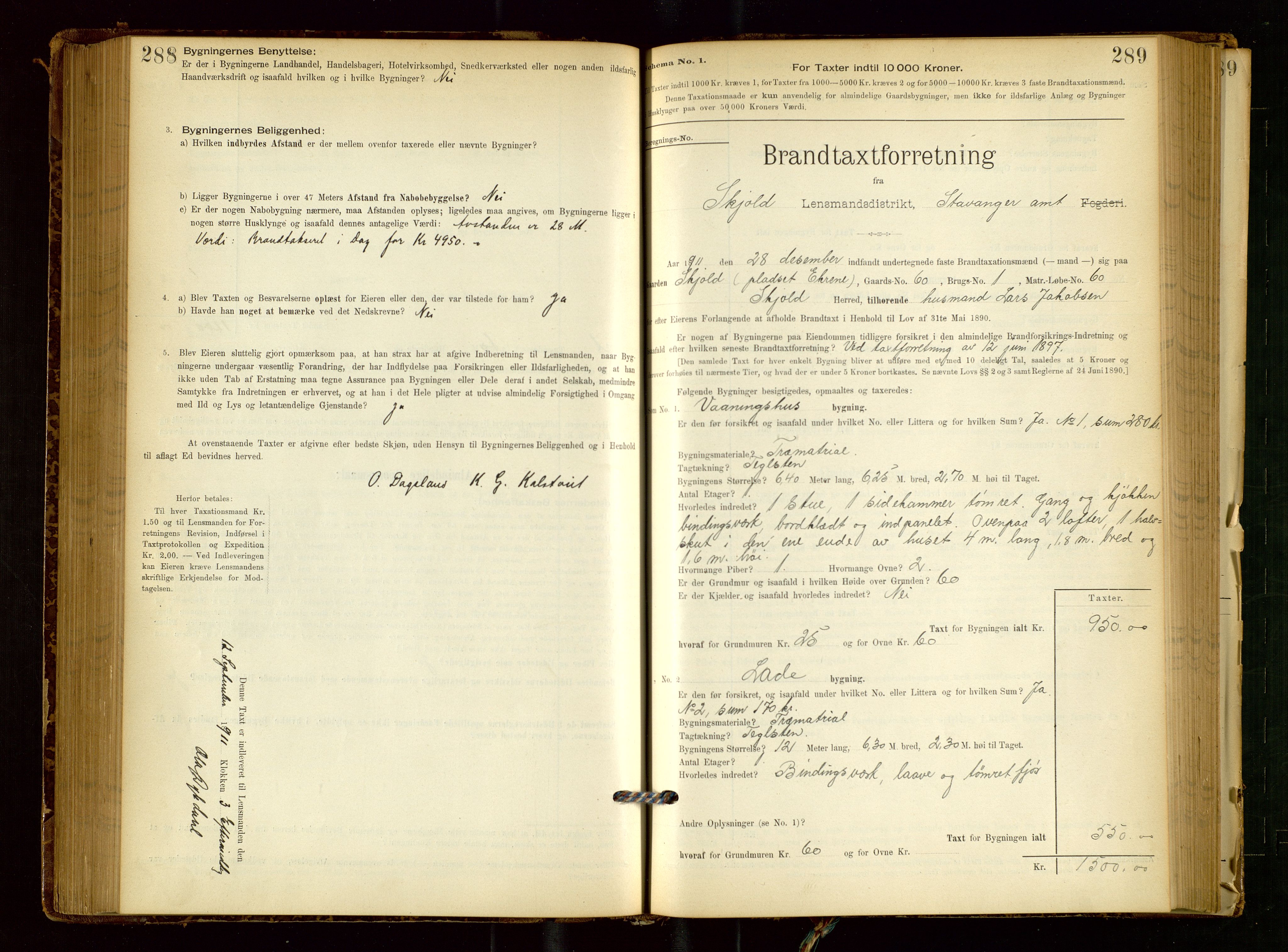 Skjold lensmannskontor, AV/SAST-A-100182/Gob/L0001: "Brandtaxationsprotokol for Skjold Lensmandsdistrikt Ryfylke Fogderi", 1894-1939, p. 288-289