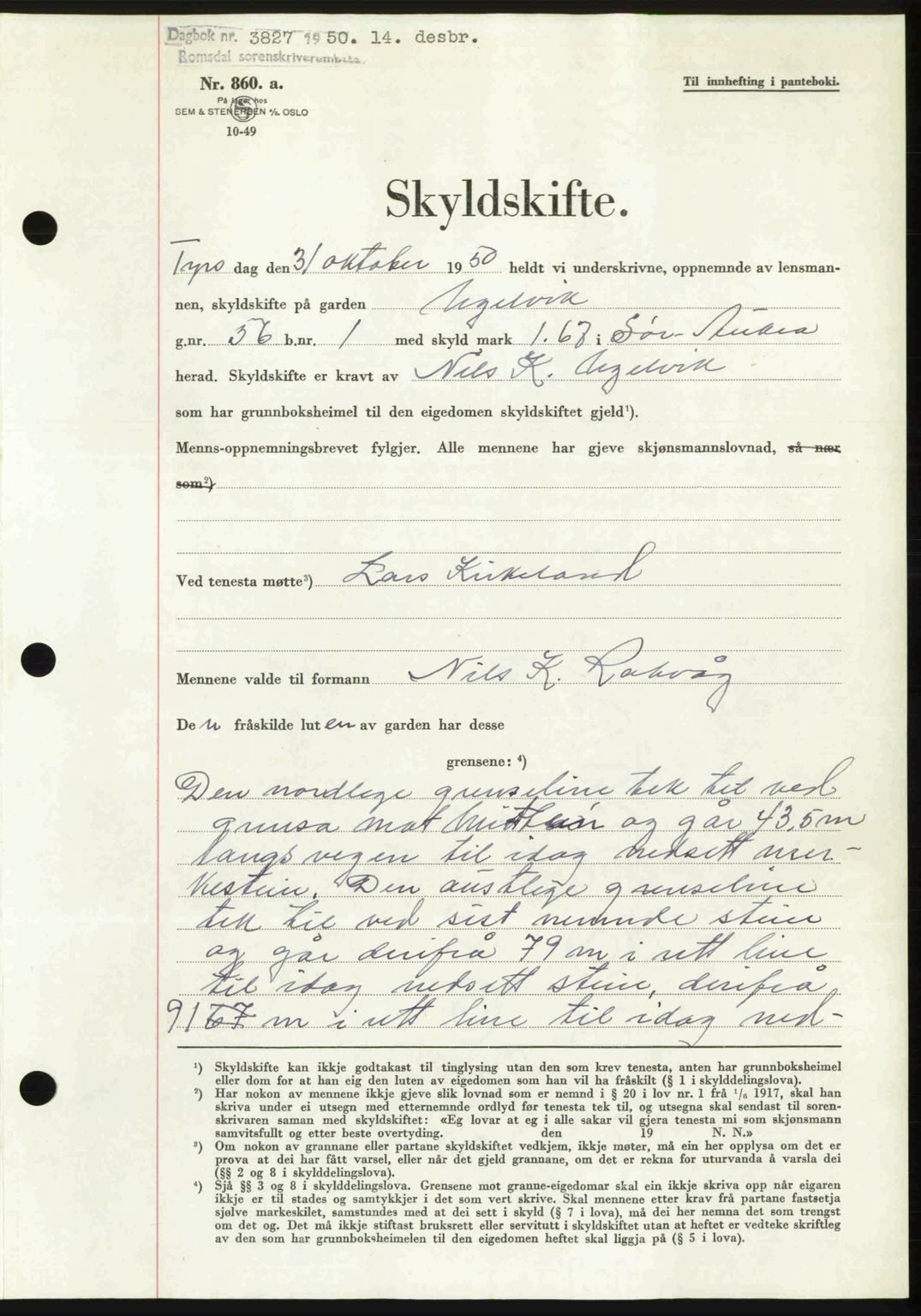 Romsdal sorenskriveri, AV/SAT-A-4149/1/2/2C: Mortgage book no. A35, 1950-1950, Diary no: : 3827/1950