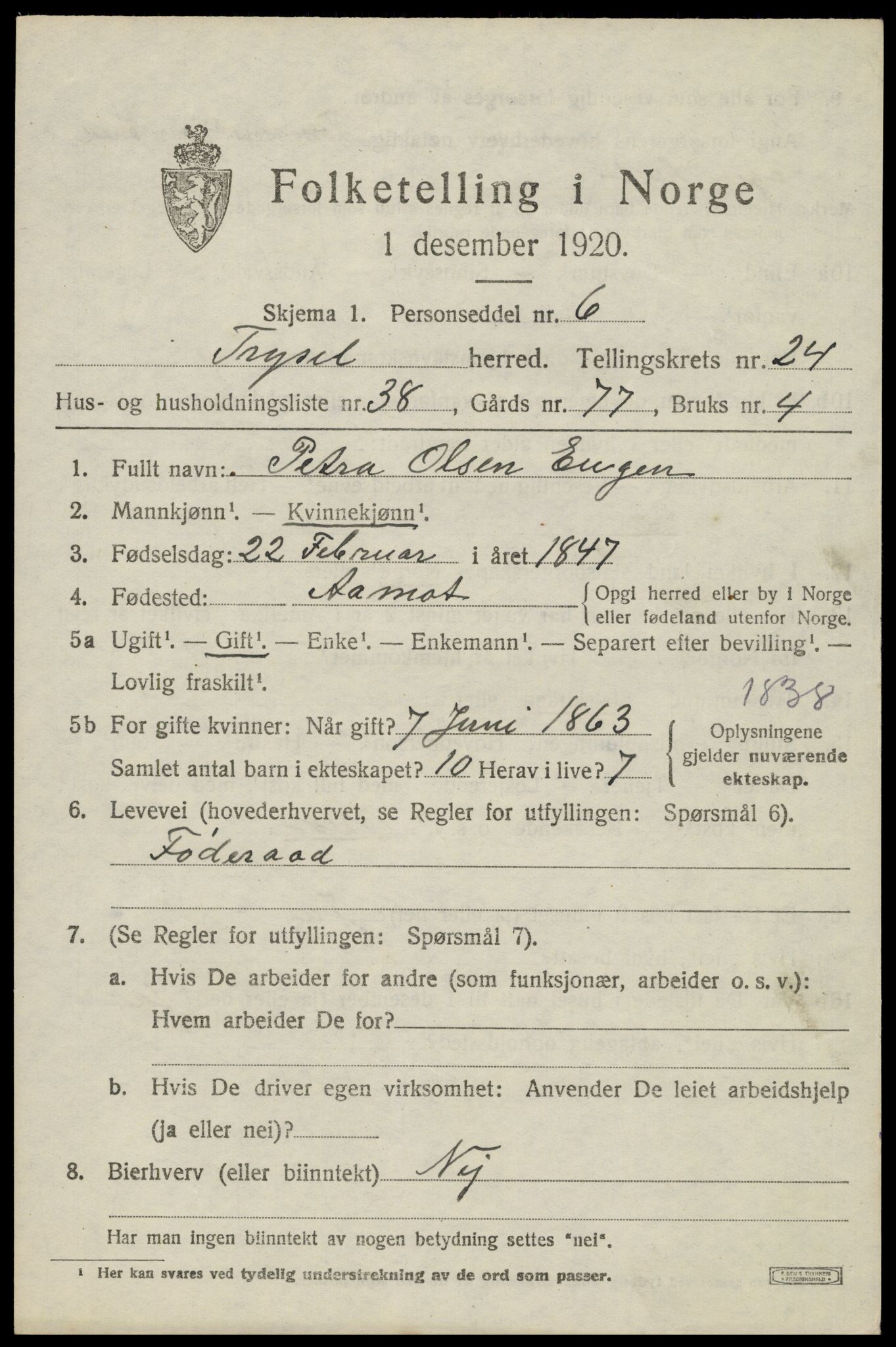 SAH, 1920 census for Trysil, 1920, p. 15689