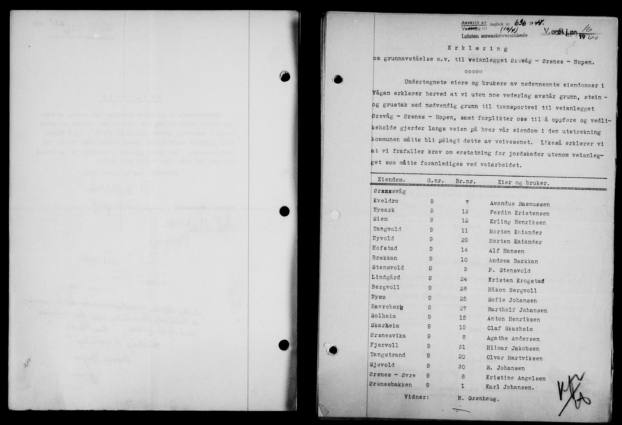 Lofoten sorenskriveri, SAT/A-0017/1/2/2C/L0018a: Mortgage book no. 18a, 1948-1948, Diary no: : 636/1948