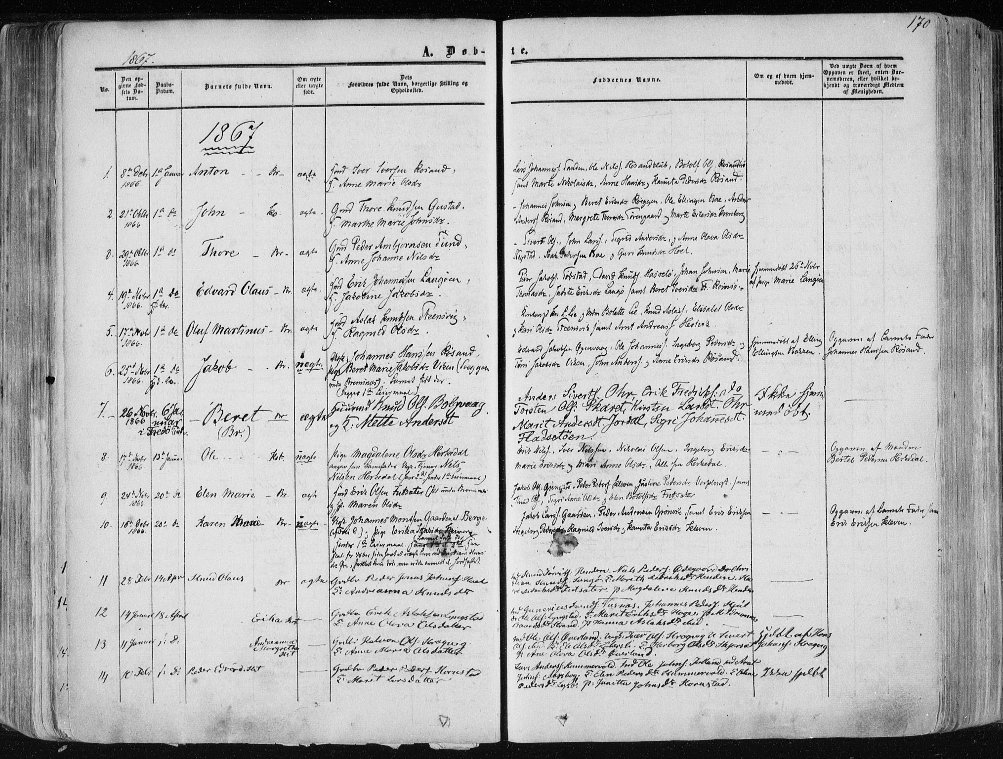Ministerialprotokoller, klokkerbøker og fødselsregistre - Møre og Romsdal, SAT/A-1454/568/L0804: Parish register (official) no. 568A11, 1854-1868, p. 170