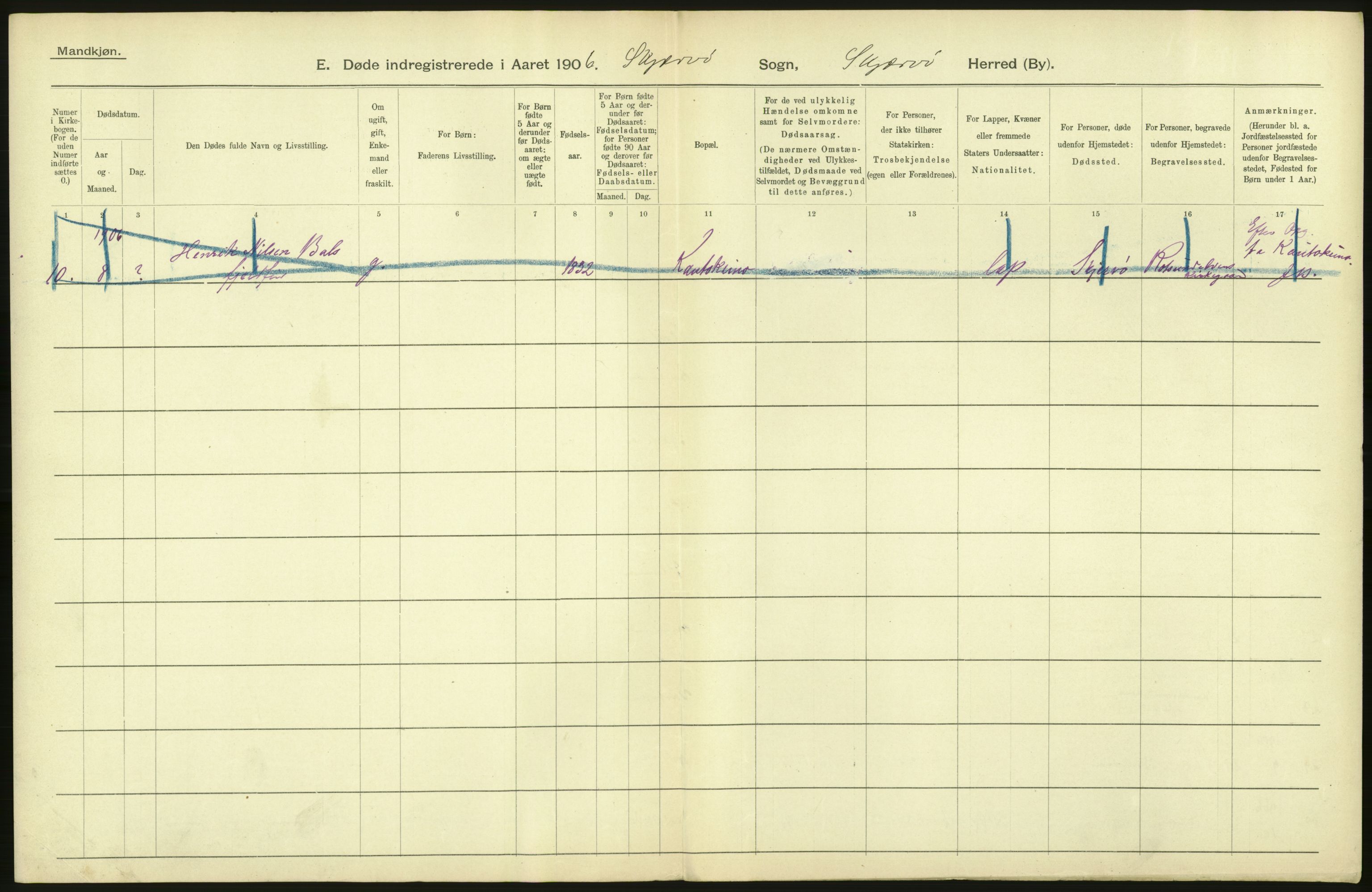 Statistisk sentralbyrå, Sosiodemografiske emner, Befolkning, AV/RA-S-2228/D/Df/Dfa/Dfad/L0048: Tromsø amt: Gifte, døde, dødfødte. Bygder og byer., 1906, p. 250