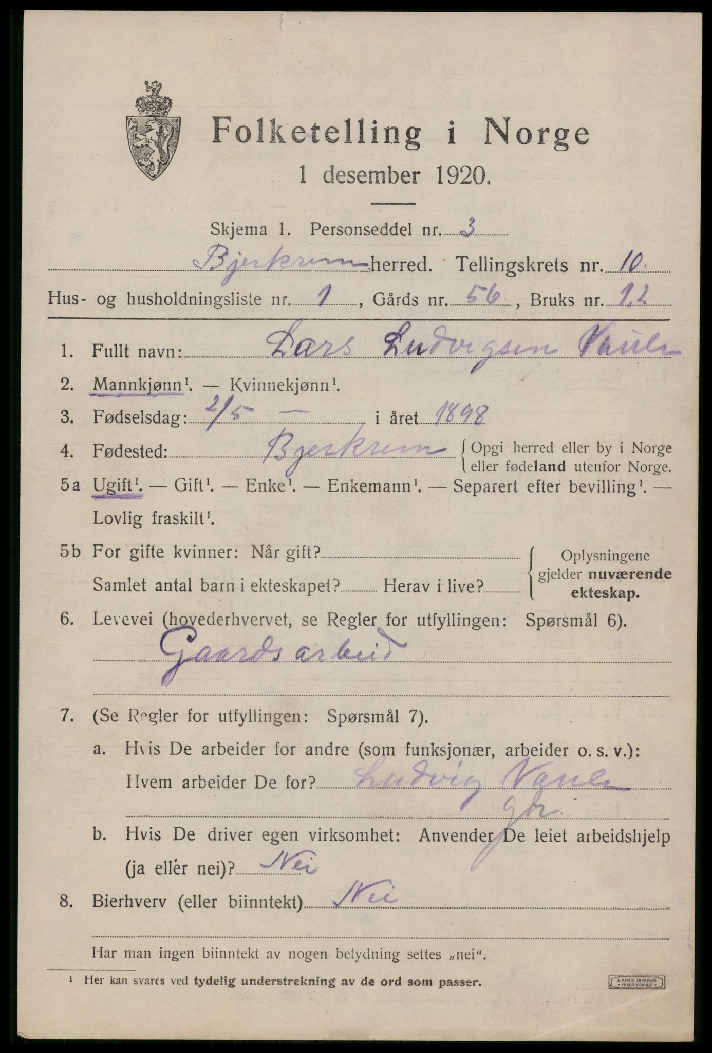 SAST, 1920 census for Bjerkreim, 1920, p. 3250