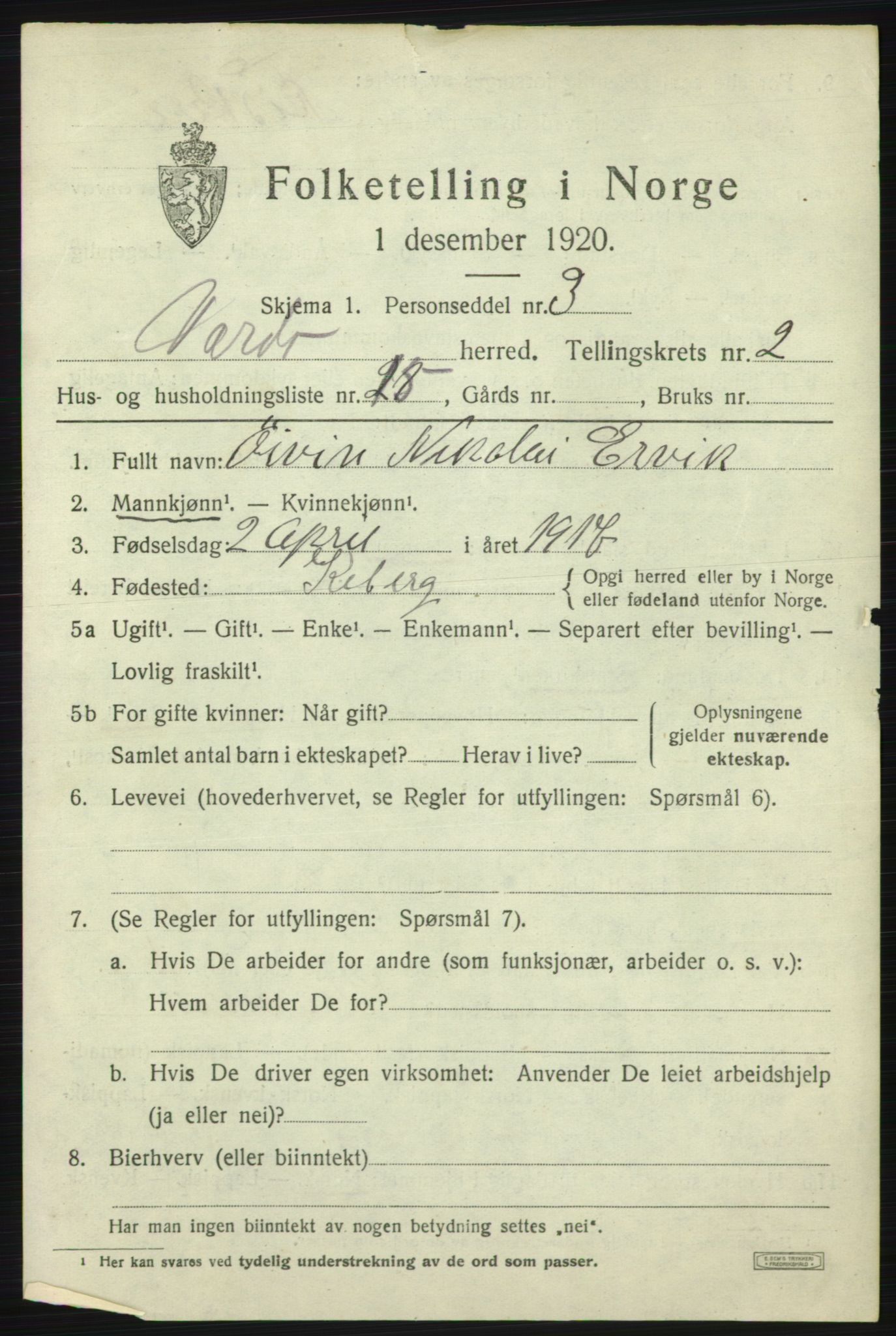 SATØ, 1920 census for Vardø rural district, 1920, p. 788