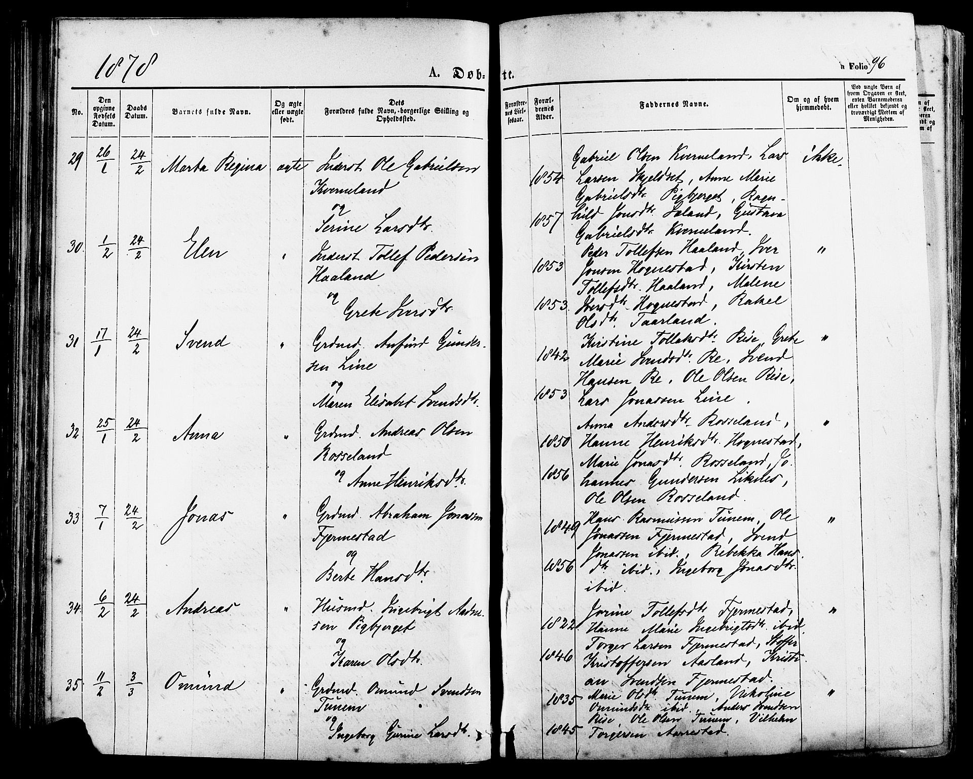 Lye sokneprestkontor, SAST/A-101794/001/30BA/L0008: Parish register (official) no. A 7, 1872-1881, p. 96