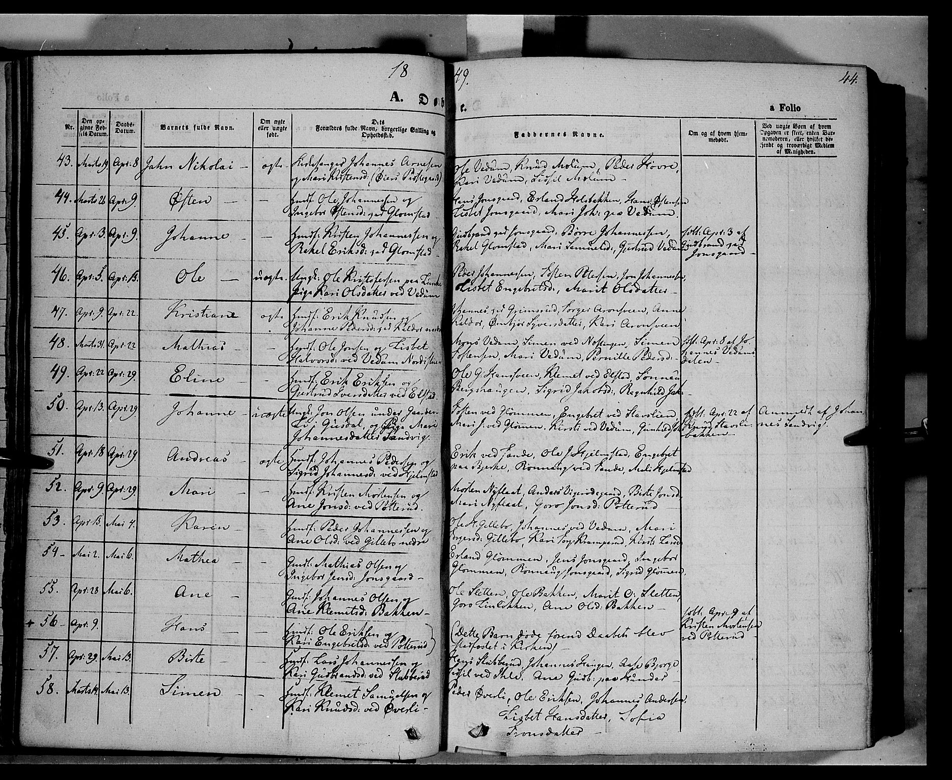 Øyer prestekontor, AV/SAH-PREST-084/H/Ha/Haa/L0005: Parish register (official) no. 5, 1842-1857, p. 44