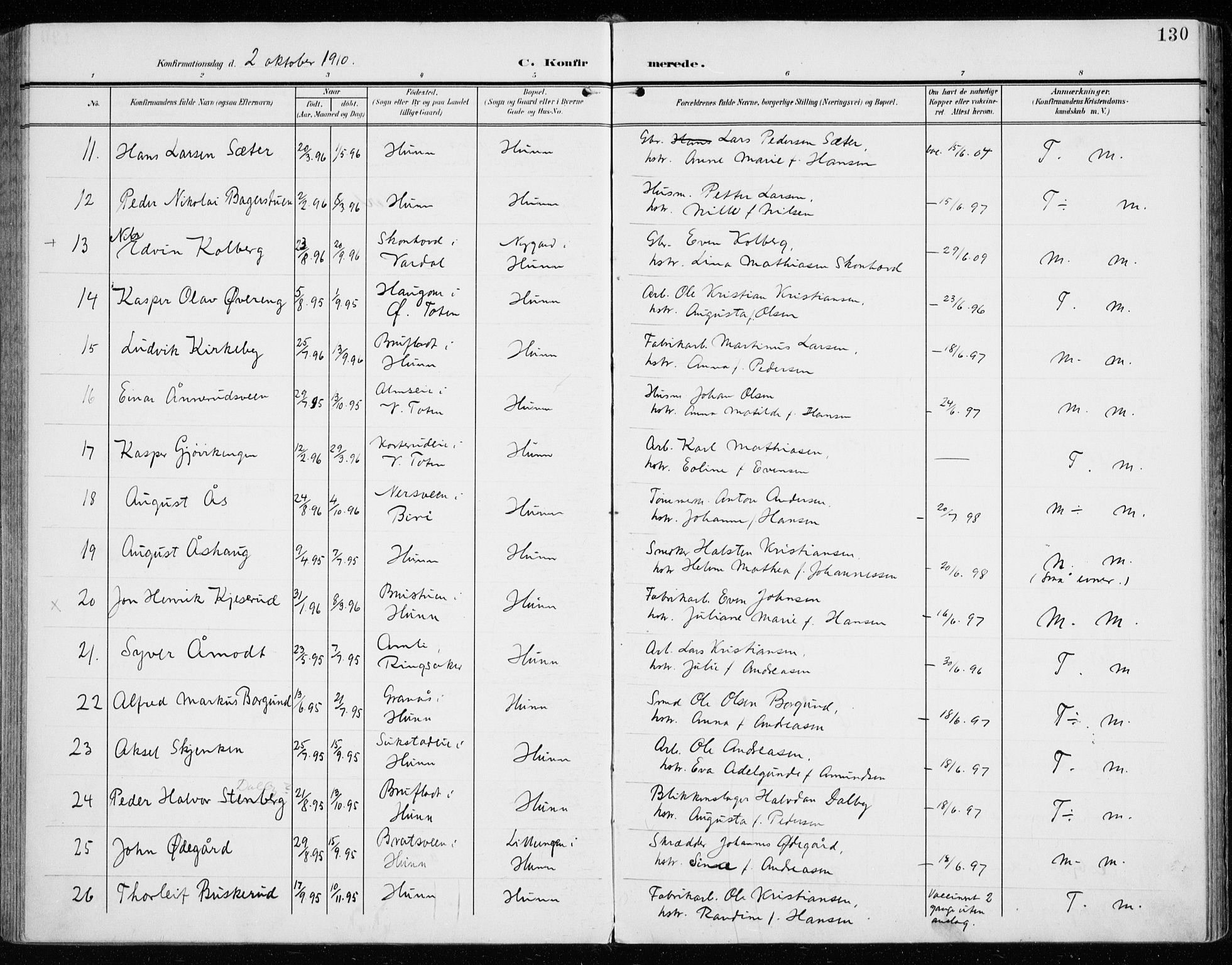 Vardal prestekontor, SAH/PREST-100/H/Ha/Haa/L0016: Parish register (official) no. 16, 1904-1916, p. 130