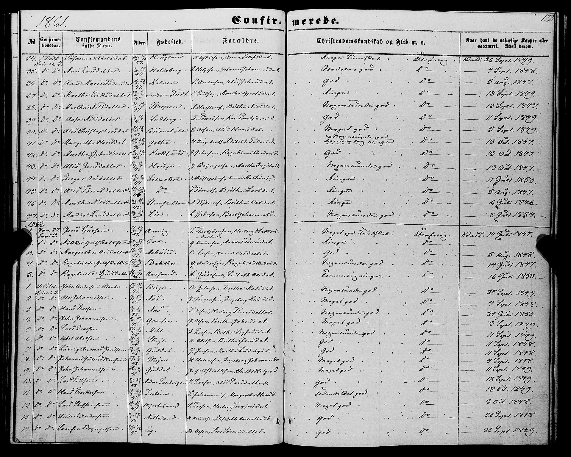 Kvinnherad sokneprestembete, SAB/A-76401/H/Haa: Parish register (official) no. A 8, 1854-1872, p. 172