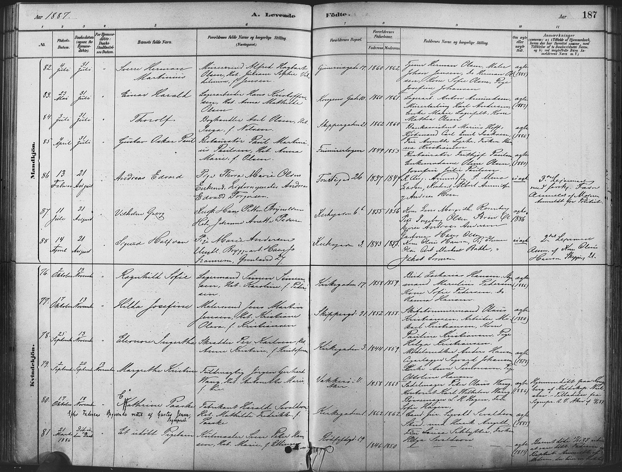 Oslo domkirke Kirkebøker, SAO/A-10752/F/Fa/L0029: Parish register (official) no. 29, 1879-1892, p. 187