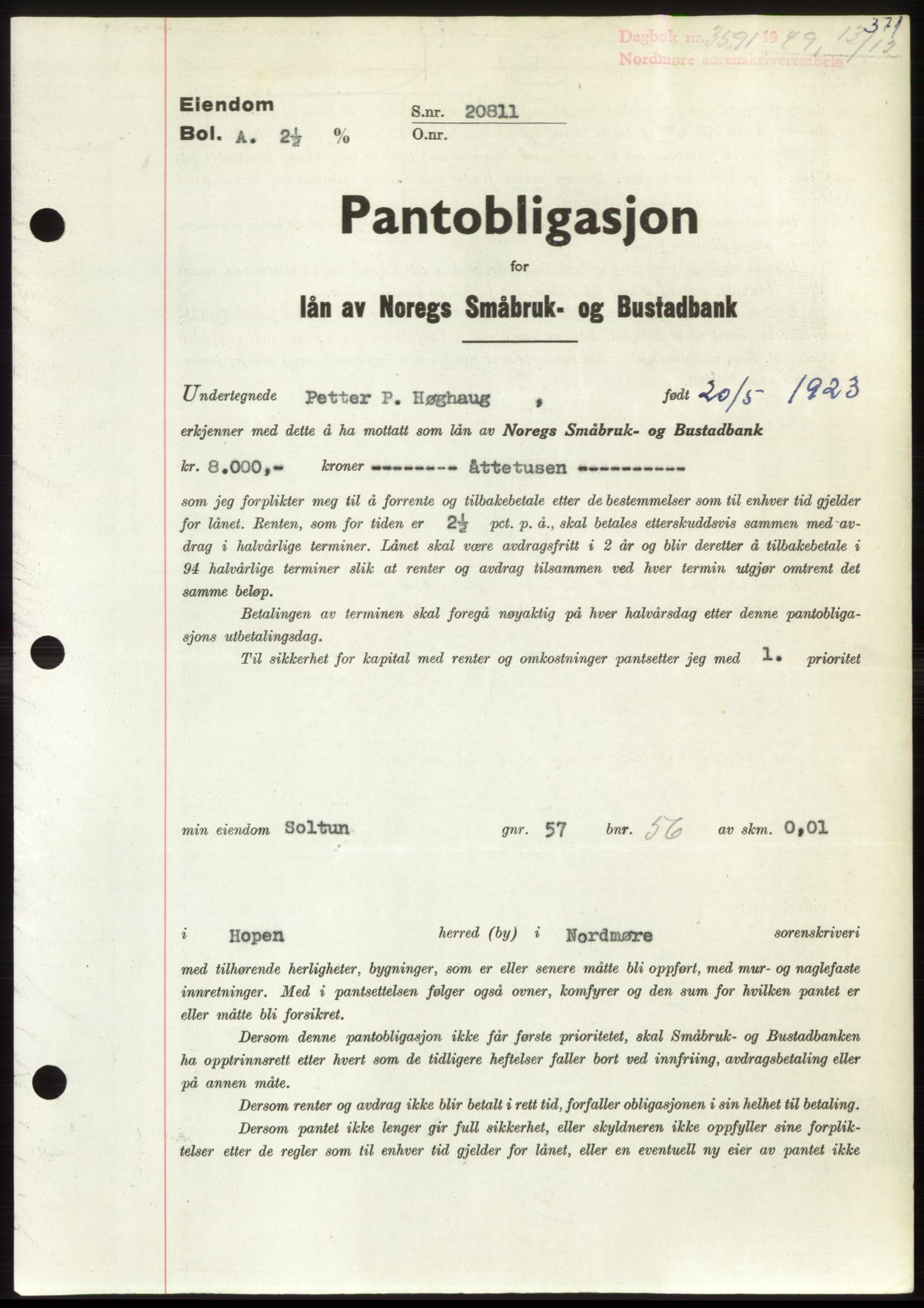 Nordmøre sorenskriveri, AV/SAT-A-4132/1/2/2Ca: Mortgage book no. B103, 1949-1950, Diary no: : 3591/1949