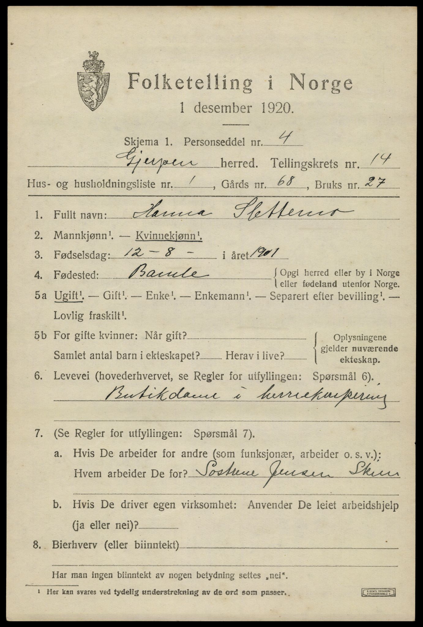 SAKO, 1920 census for Gjerpen, 1920, p. 15682