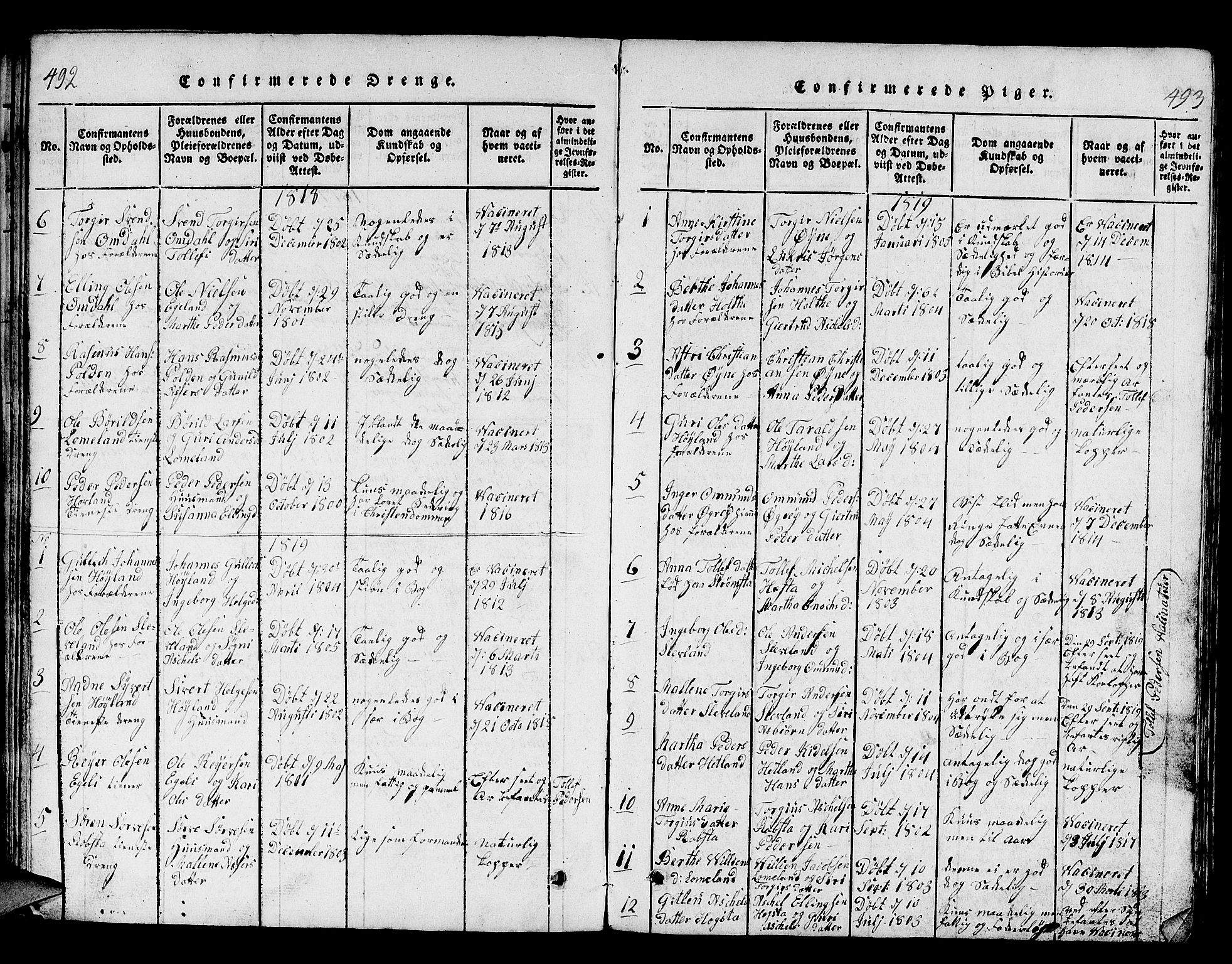 Helleland sokneprestkontor, SAST/A-101810: Parish register (copy) no. B 1, 1815-1841, p. 492-493
