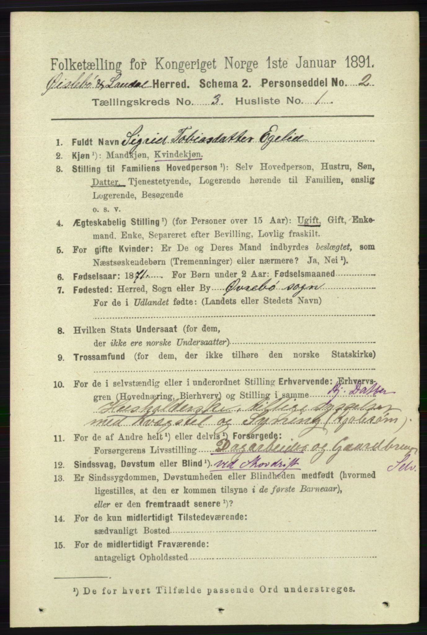 RA, 1891 census for 1021 Øyslebø og Laudal, 1891, p. 743