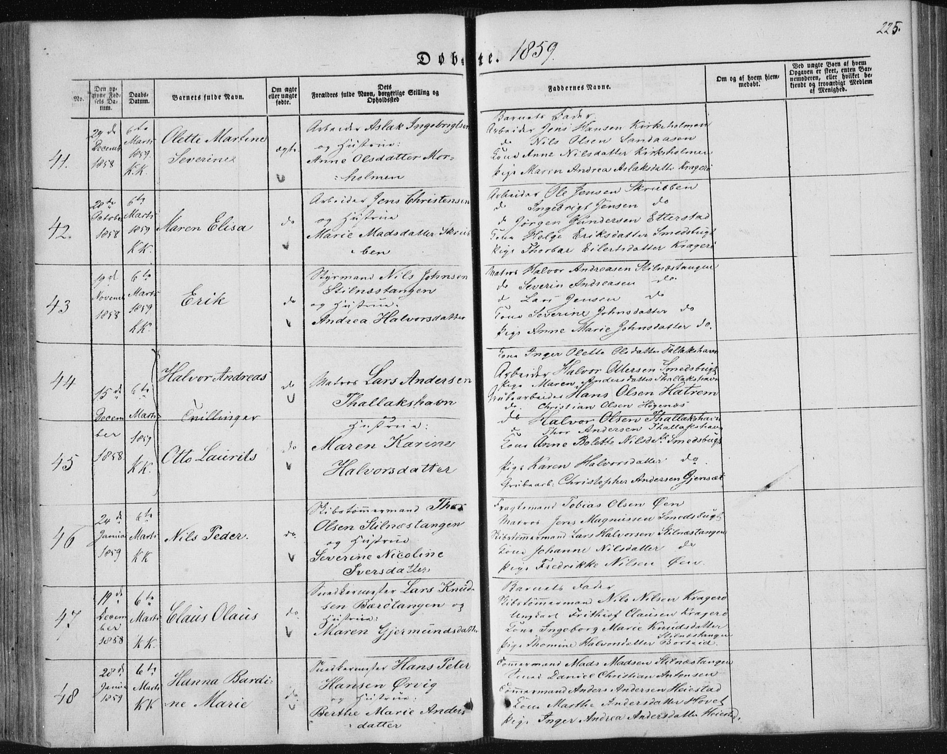 Sannidal kirkebøker, AV/SAKO-A-296/F/Fa/L0008: Parish register (official) no. 8, 1847-1862, p. 225