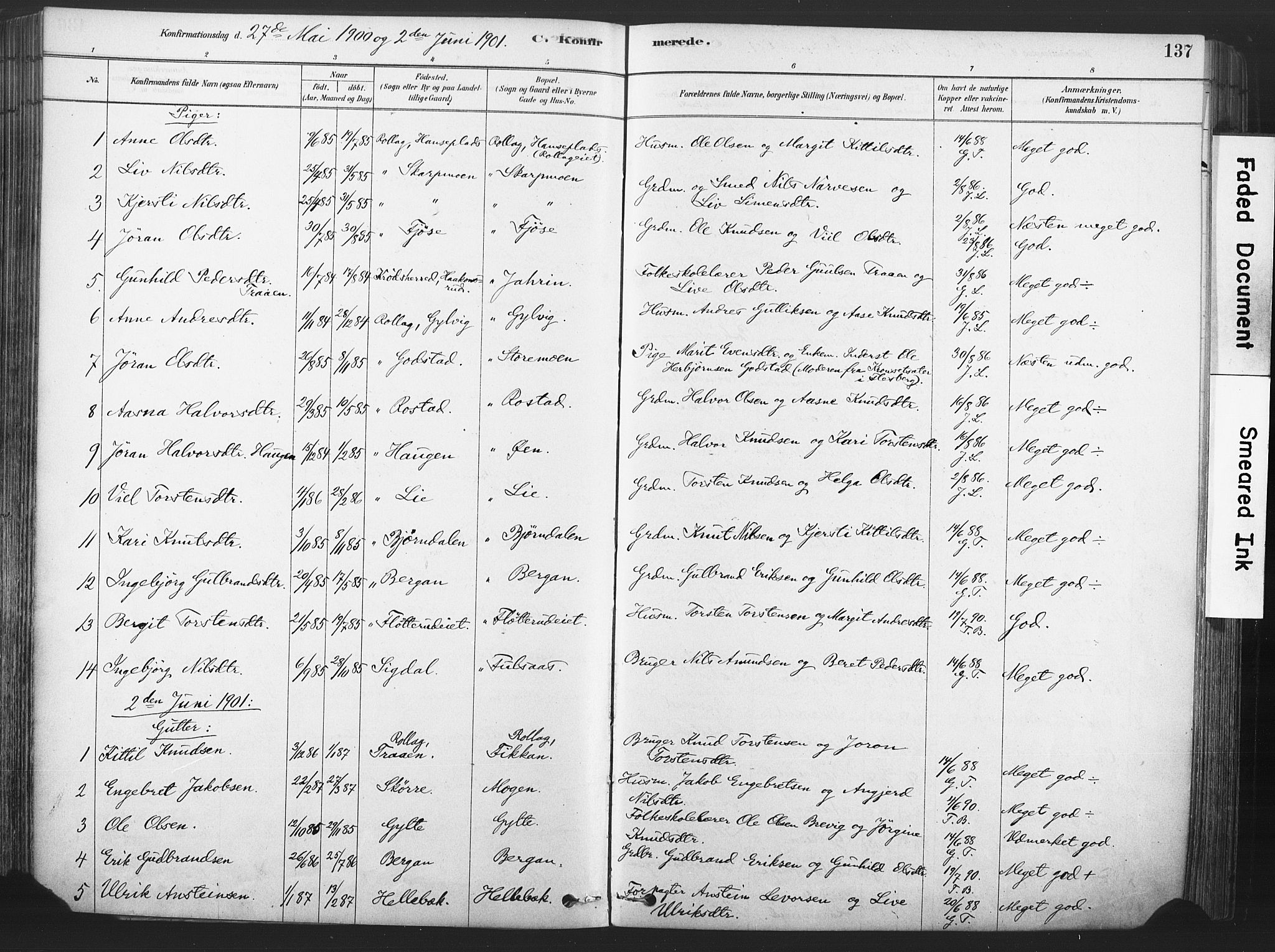 Rollag kirkebøker, SAKO/A-240/F/Fa/L0011: Parish register (official) no. I 11, 1878-1902, p. 137