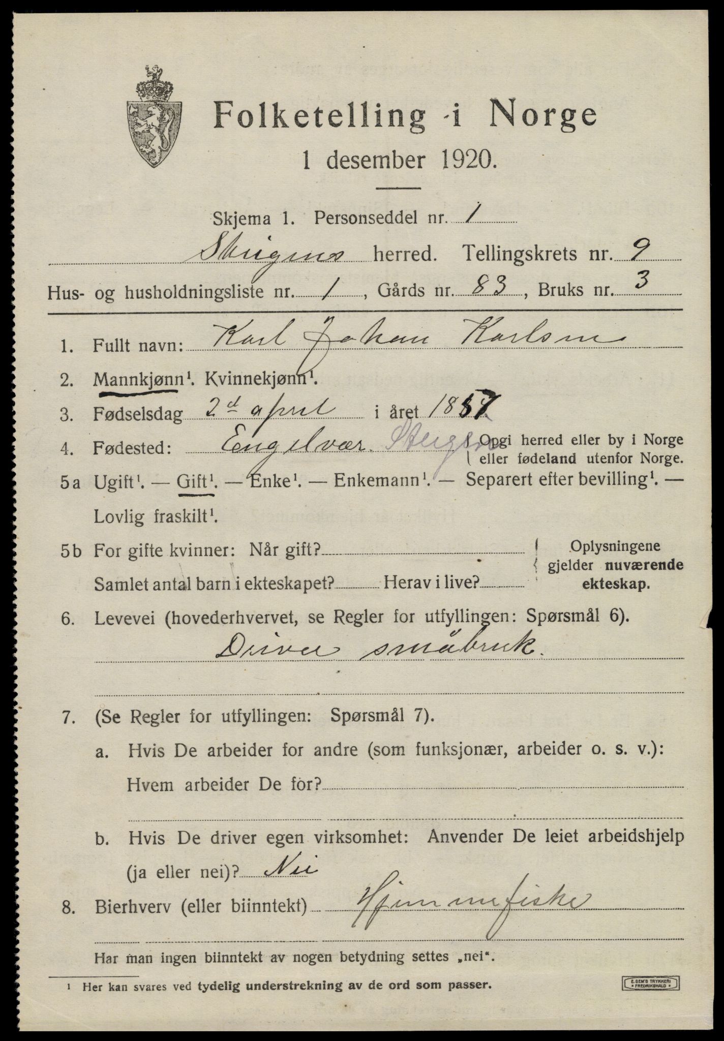 SAT, 1920 census for Steigen, 1920, p. 3952