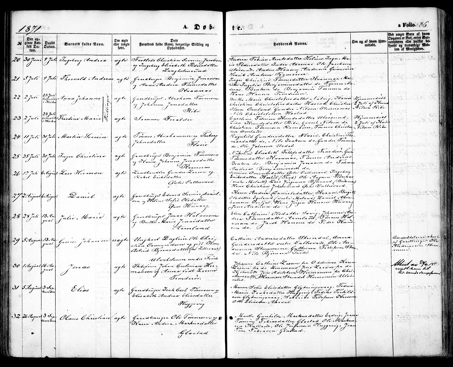 Høvåg sokneprestkontor, SAK/1111-0025/F/Fa/L0004: Parish register (official) no. A 4, 1859-1877, p. 86