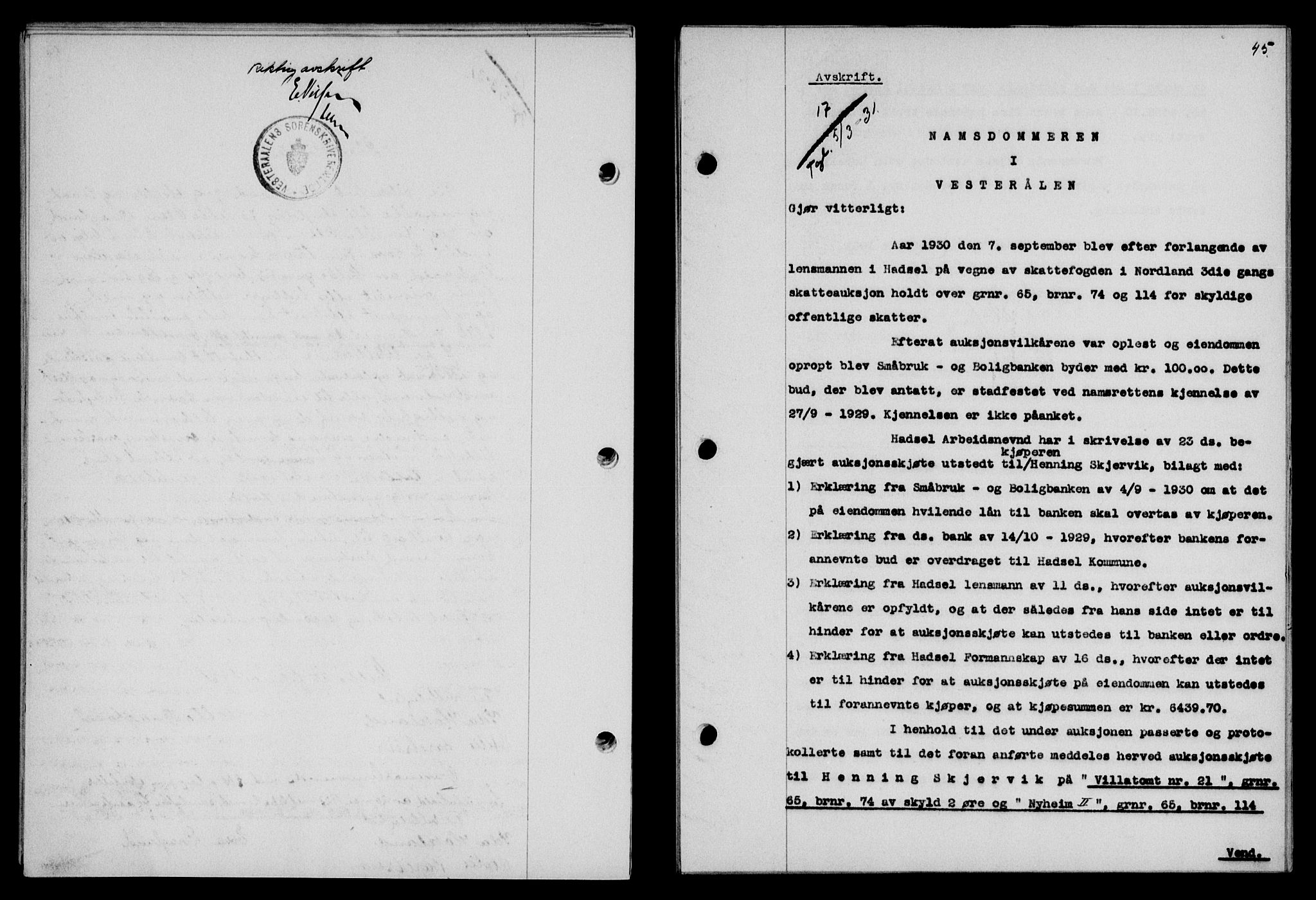 Vesterålen sorenskriveri, SAT/A-4180/1/2/2Ca/L0053: Mortgage book no. 46, 1931-1931, Deed date: 05.03.1931