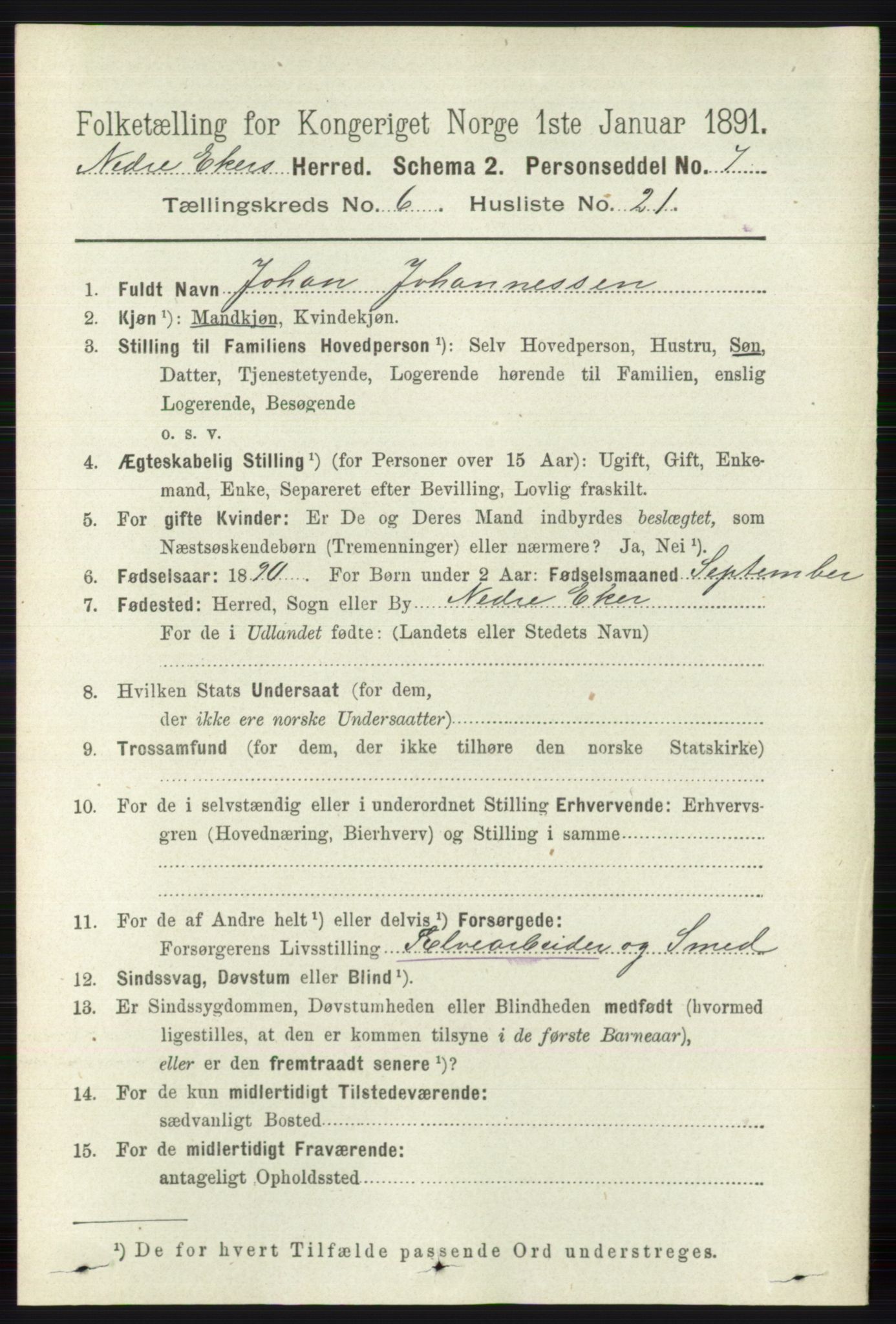 RA, 1891 census for 0625 Nedre Eiker, 1891, p. 3014