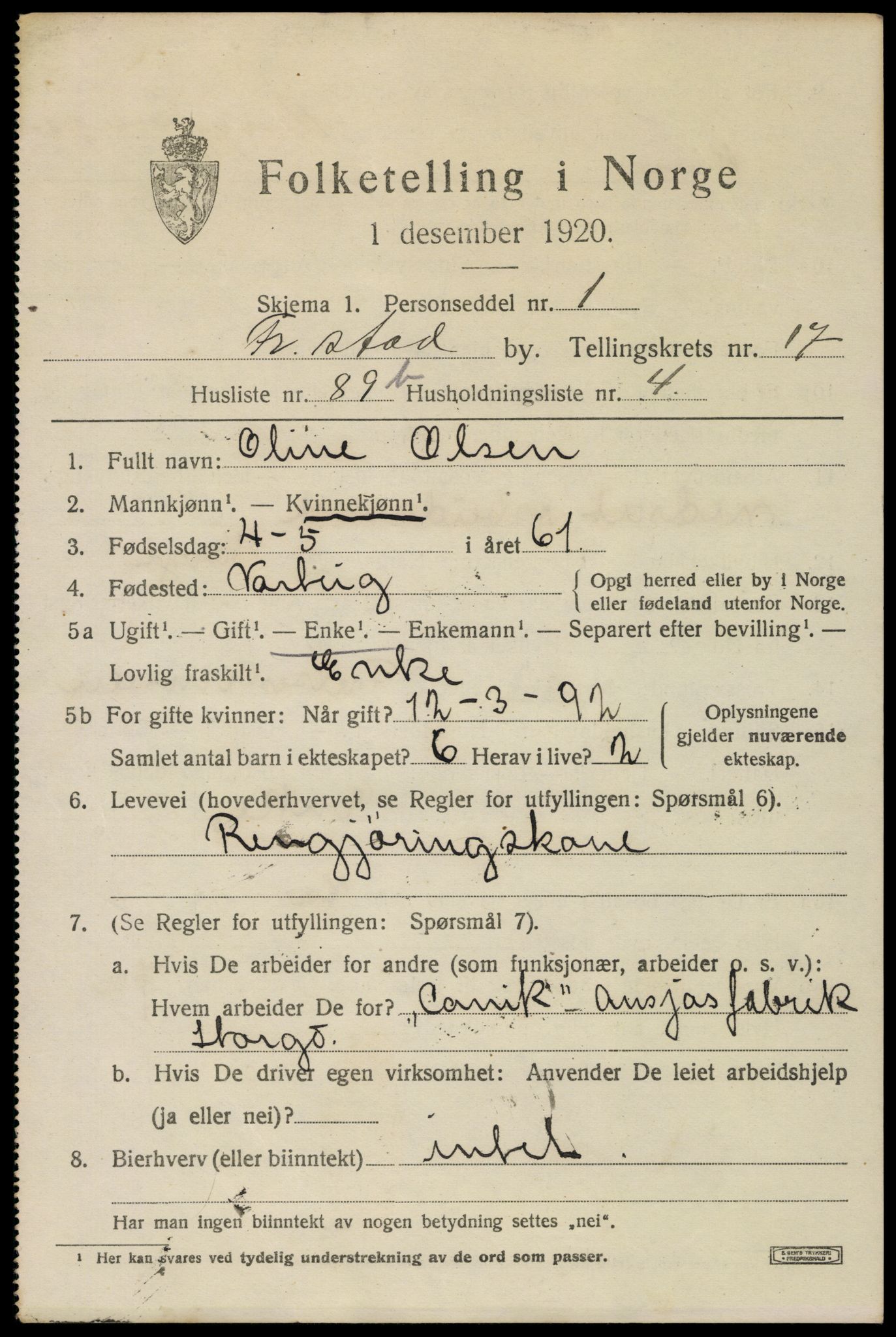 SAO, 1920 census for Fredrikstad, 1920, p. 40713