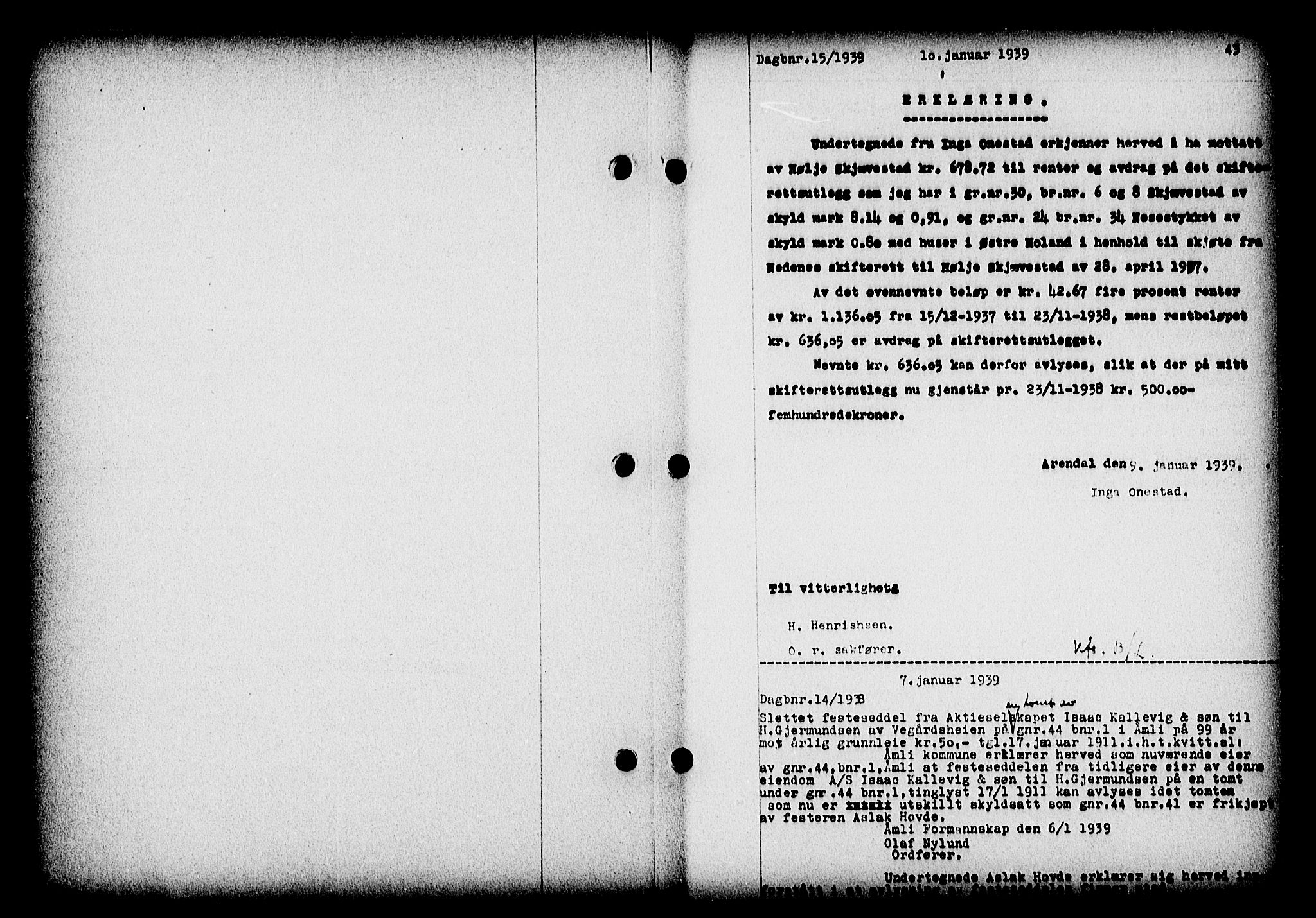 Nedenes sorenskriveri, SAK/1221-0006/G/Gb/Gba/L0046: Mortgage book no. 42, 1938-1939, Diary no: : 15/1939