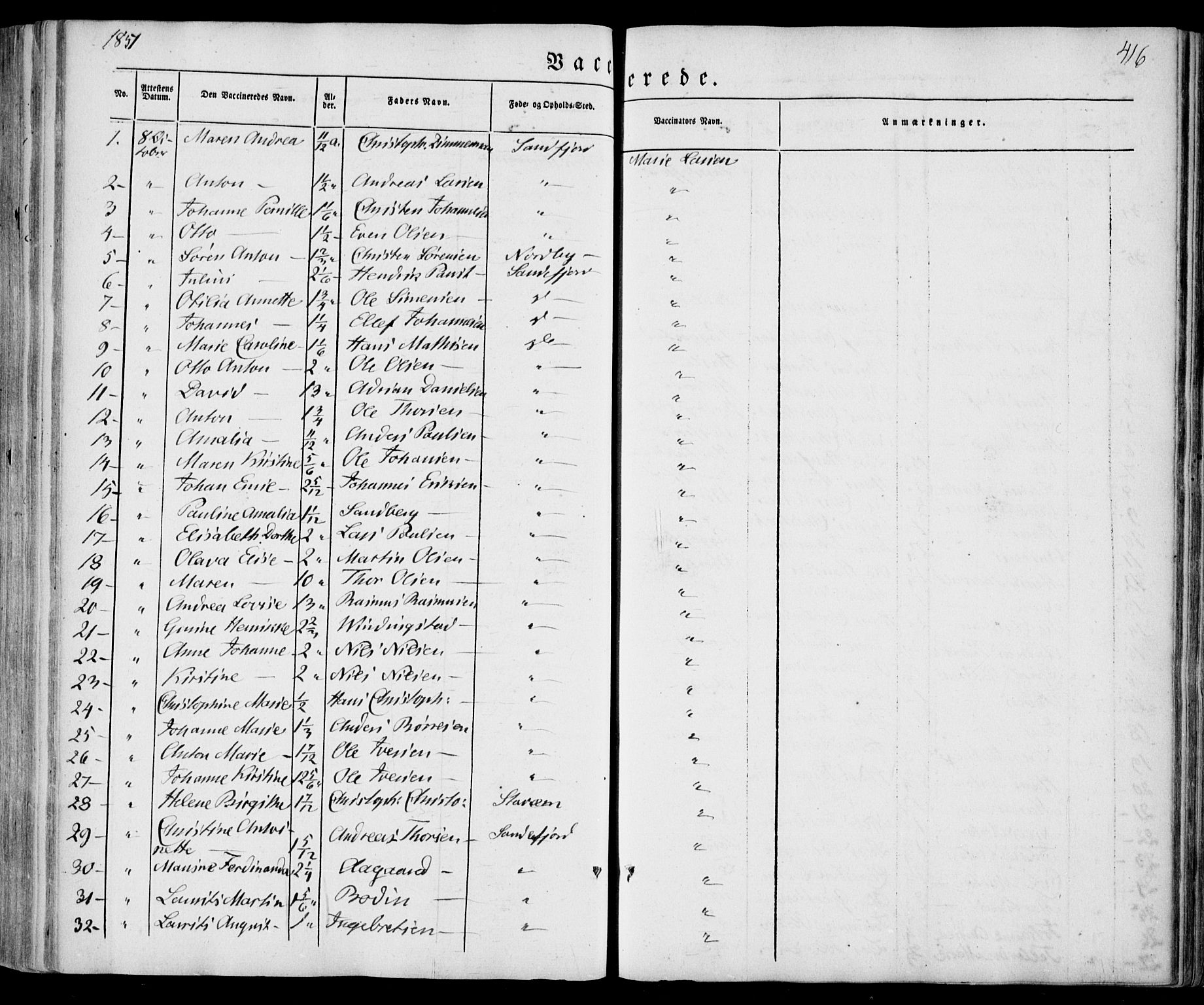 Sandar kirkebøker, SAKO/A-243/F/Fa/L0006: Parish register (official) no. 6, 1847-1860, p. 416
