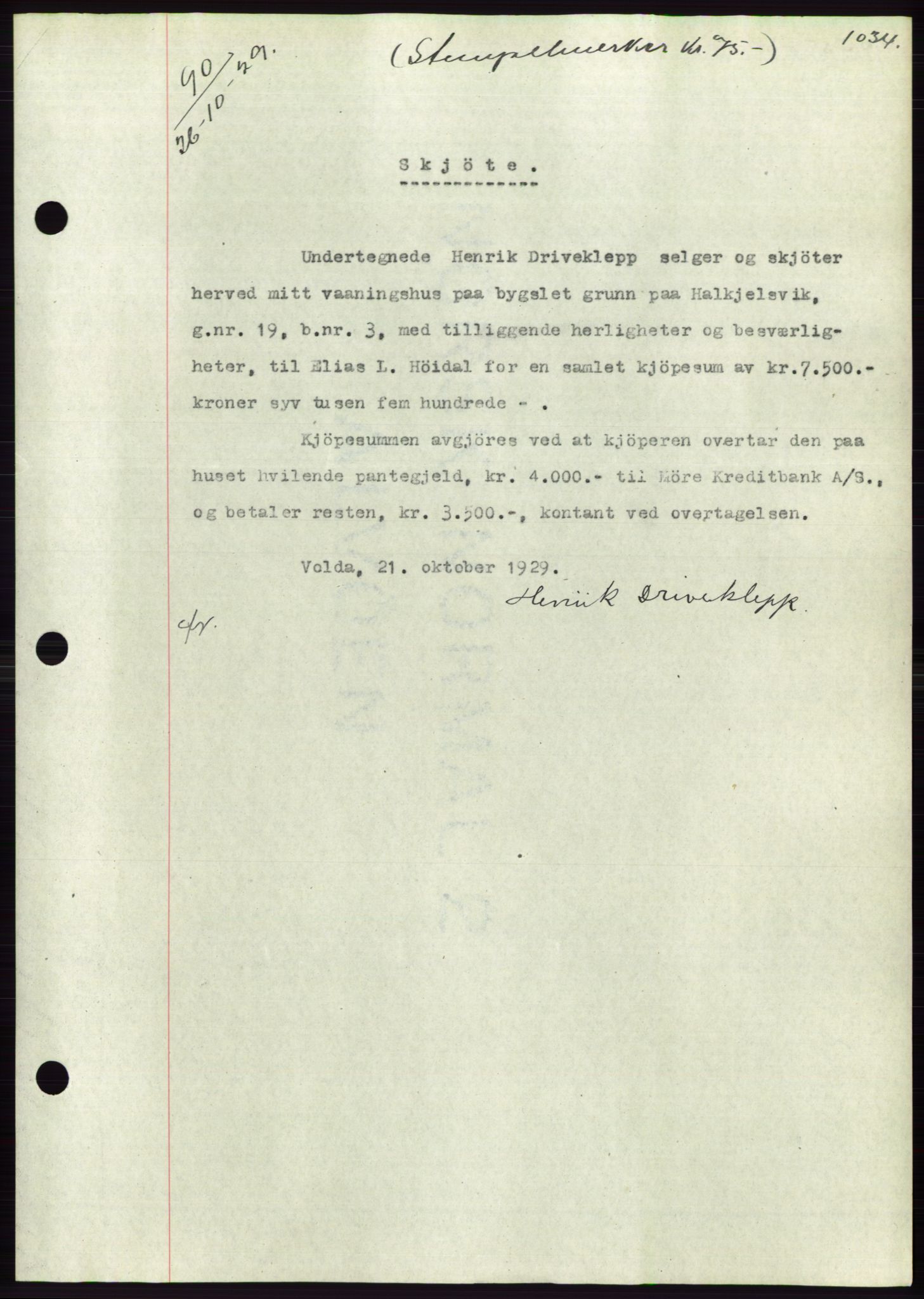 Søre Sunnmøre sorenskriveri, AV/SAT-A-4122/1/2/2C/L0049: Mortgage book no. 43, 1929-1929, Deed date: 26.10.1929