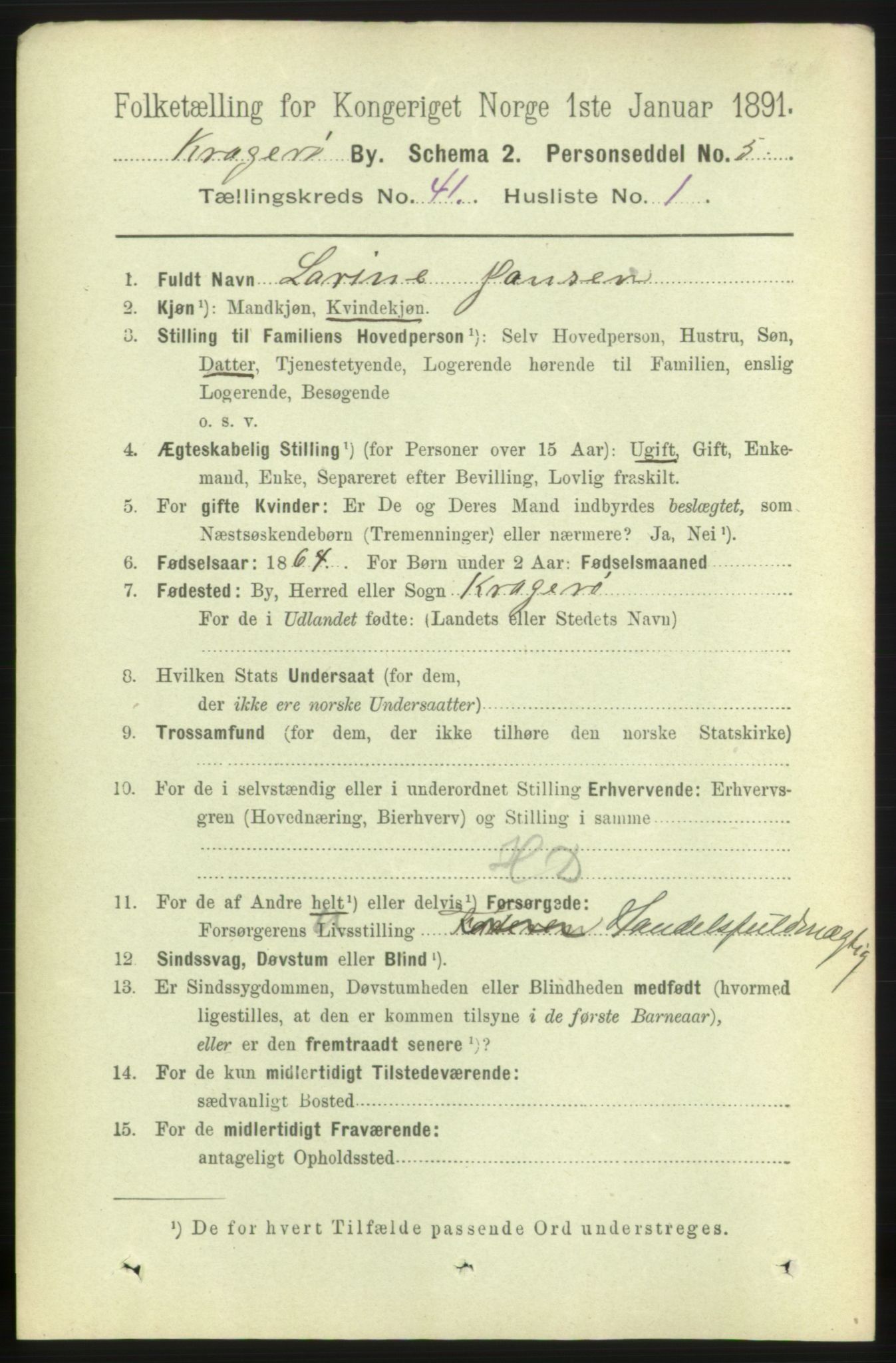 RA, 1891 census for 0801 Kragerø, 1891, p. 7513