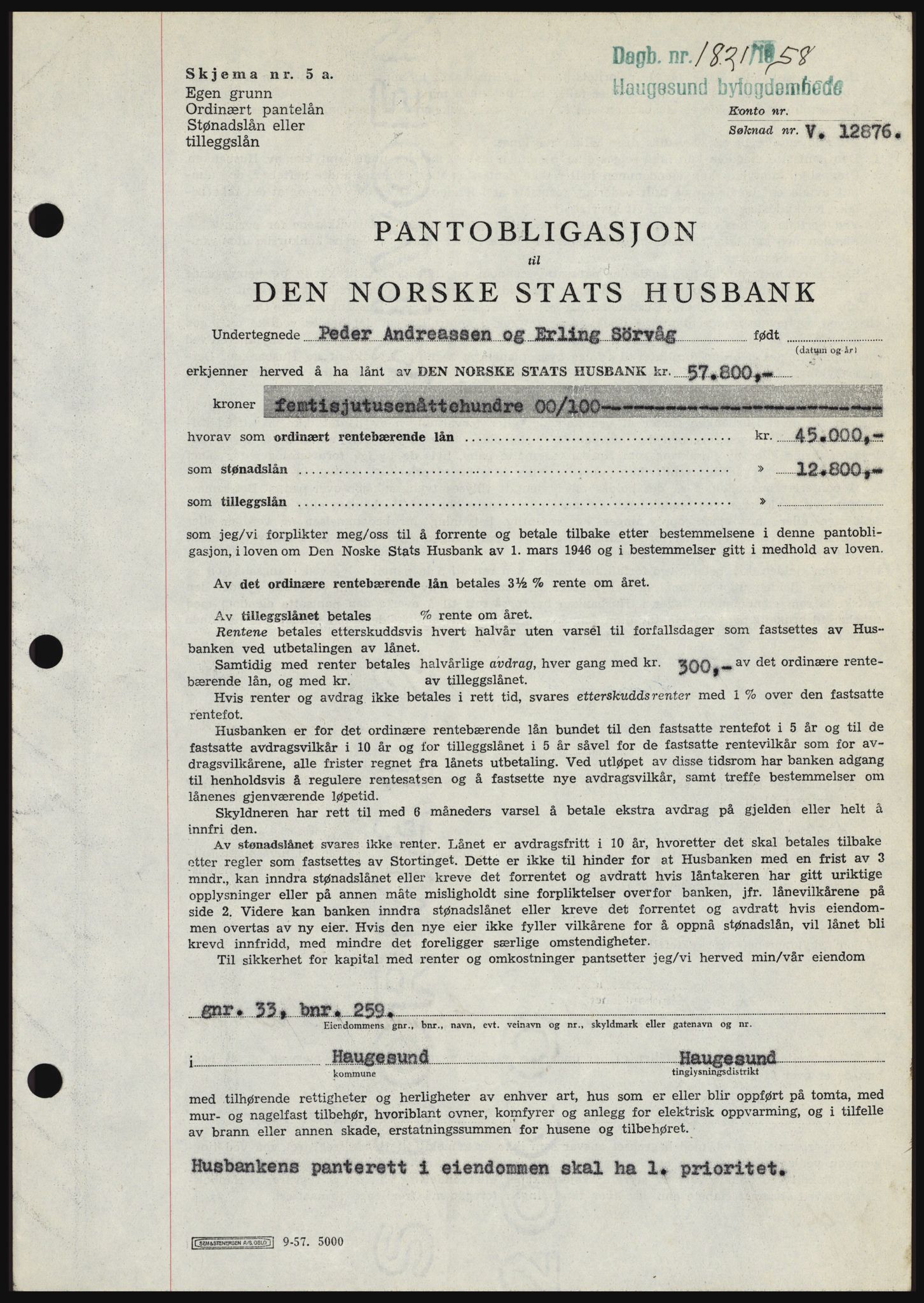 Haugesund tingrett, SAST/A-101415/01/II/IIC/L0044: Mortgage book no. B 44, 1958-1959, Diary no: : 1821/1958