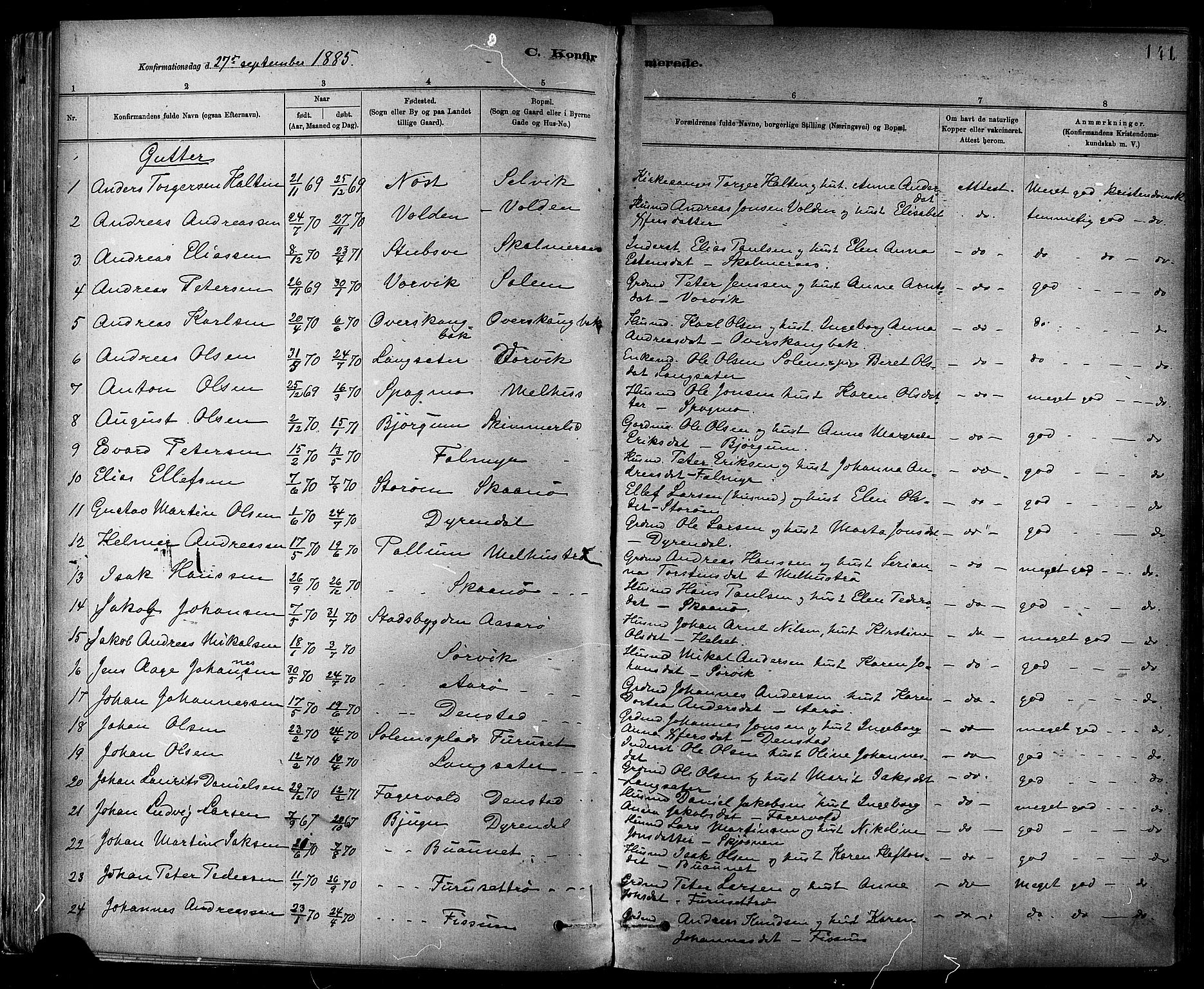Ministerialprotokoller, klokkerbøker og fødselsregistre - Sør-Trøndelag, SAT/A-1456/647/L0634: Parish register (official) no. 647A01, 1885-1896, p. 141