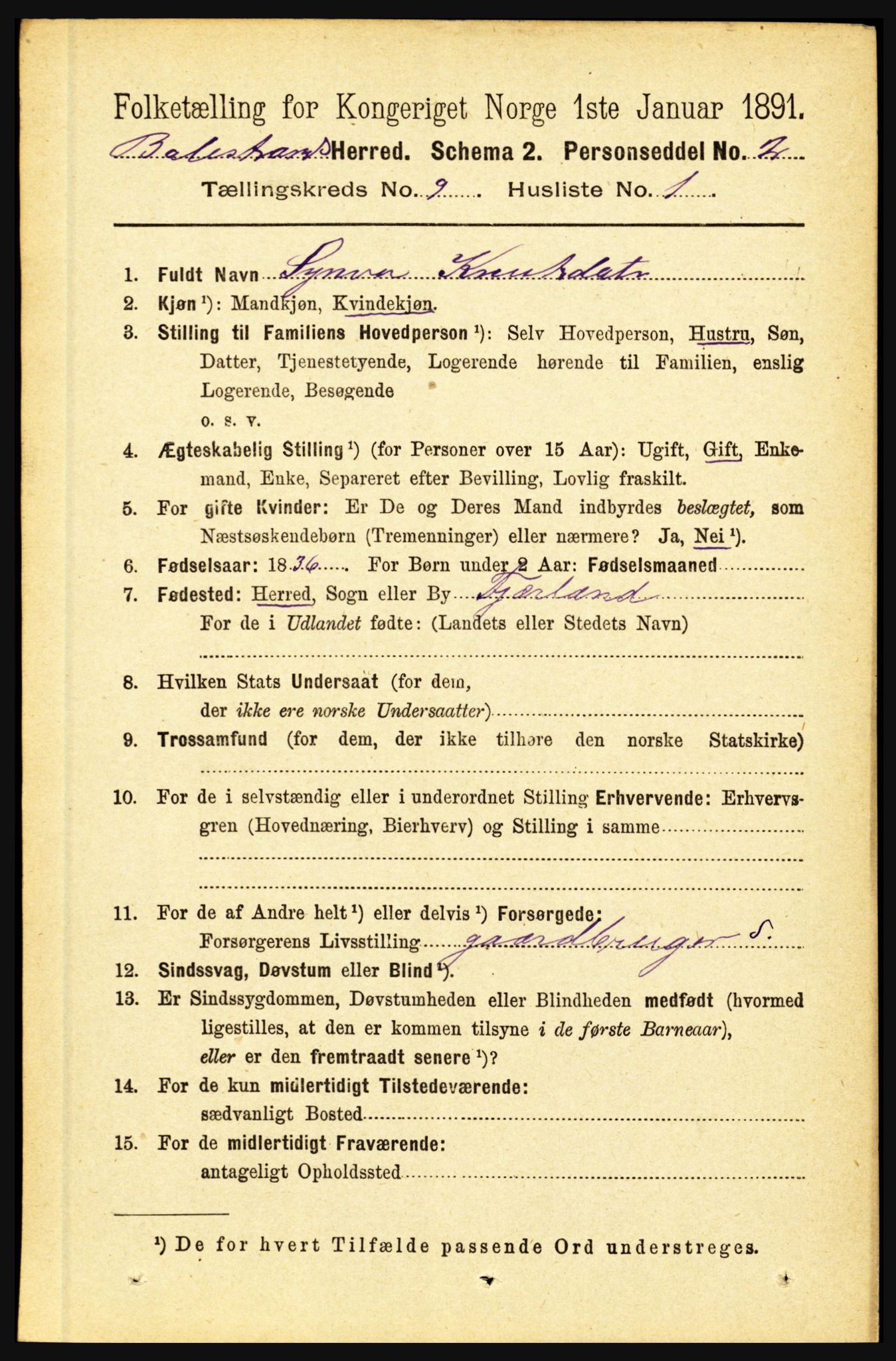 RA, 1891 census for 1418 Balestrand, 1891, p. 2046