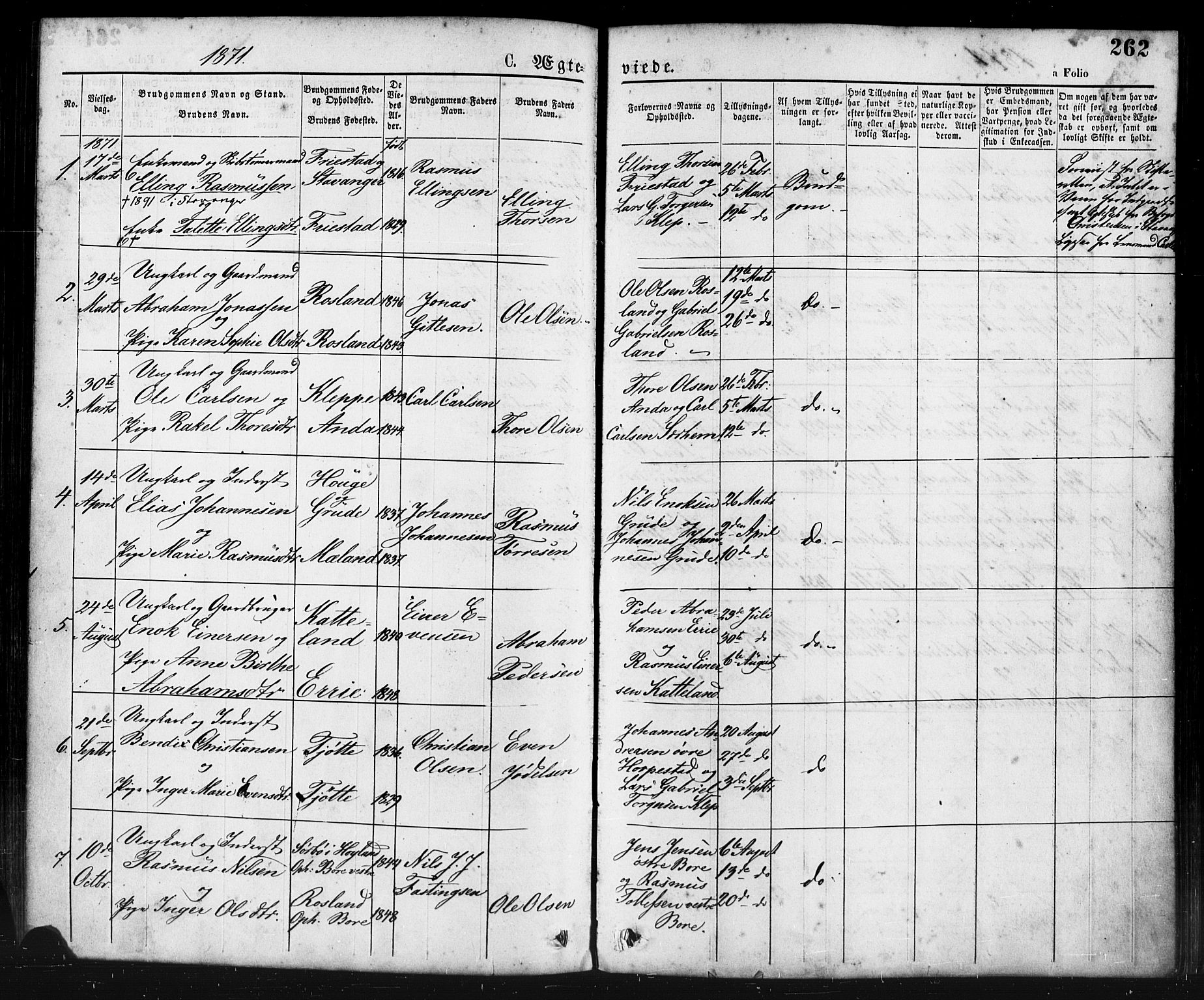 Klepp sokneprestkontor, AV/SAST-A-101803/001/3/30BA/L0006: Parish register (official) no. A 6, 1871-1885, p. 262