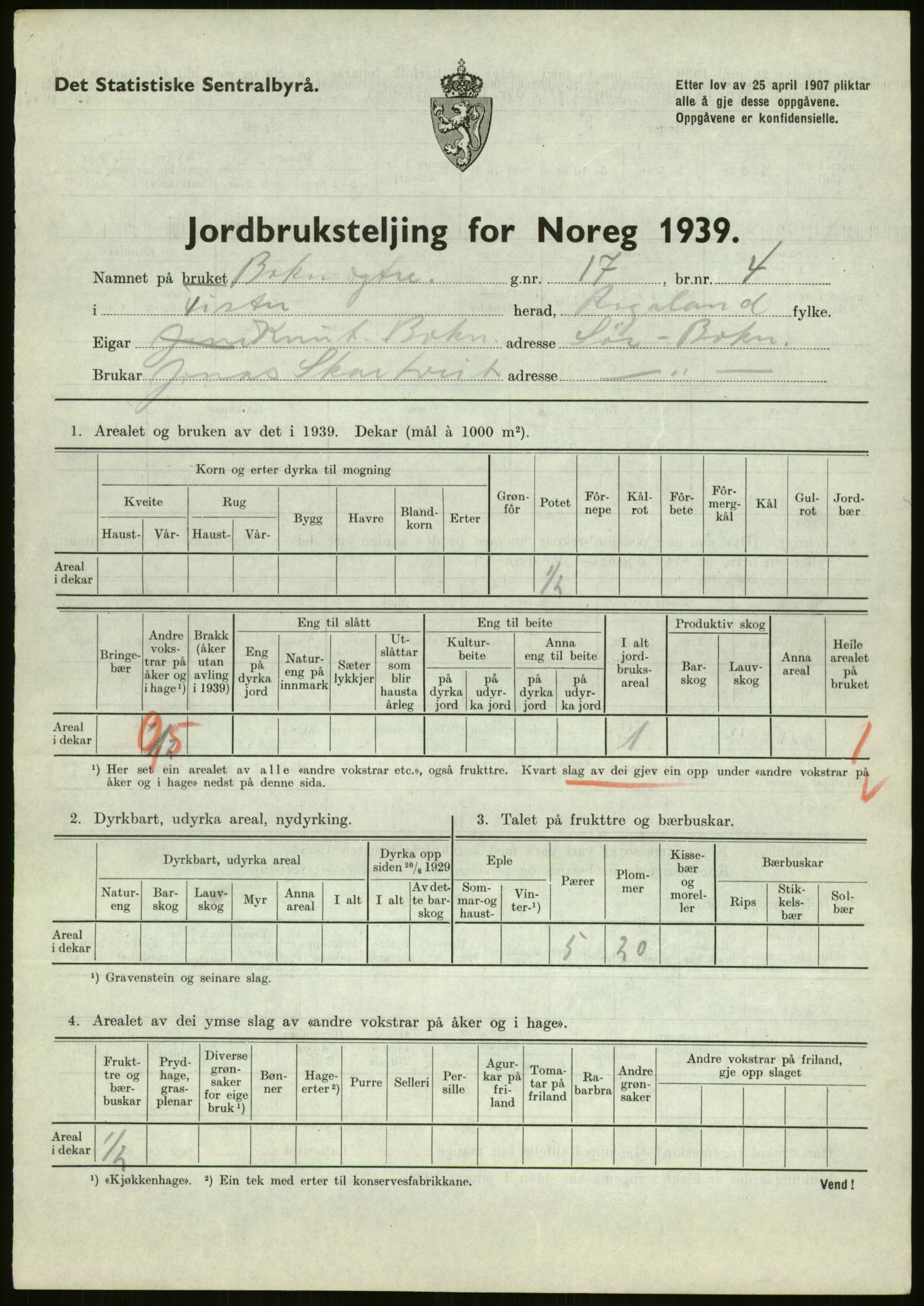 Statistisk sentralbyrå, Næringsøkonomiske emner, Jordbruk, skogbruk, jakt, fiske og fangst, AV/RA-S-2234/G/Gb/L0184: Rogaland: Årdal, Fister og Hjelmeland, 1939, p. 45