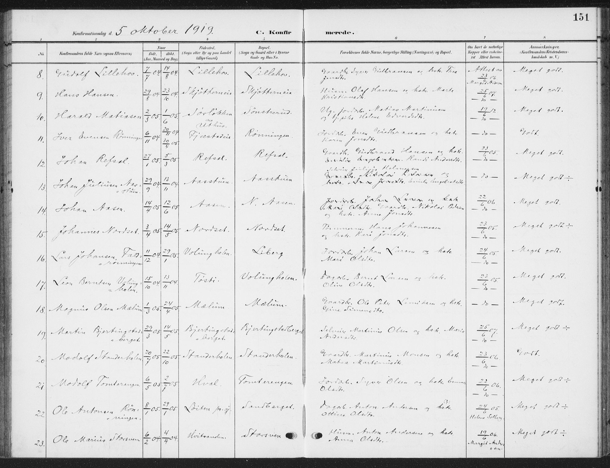 Romedal prestekontor, SAH/PREST-004/K/L0009: Parish register (official) no. 9, 1906-1929, p. 151