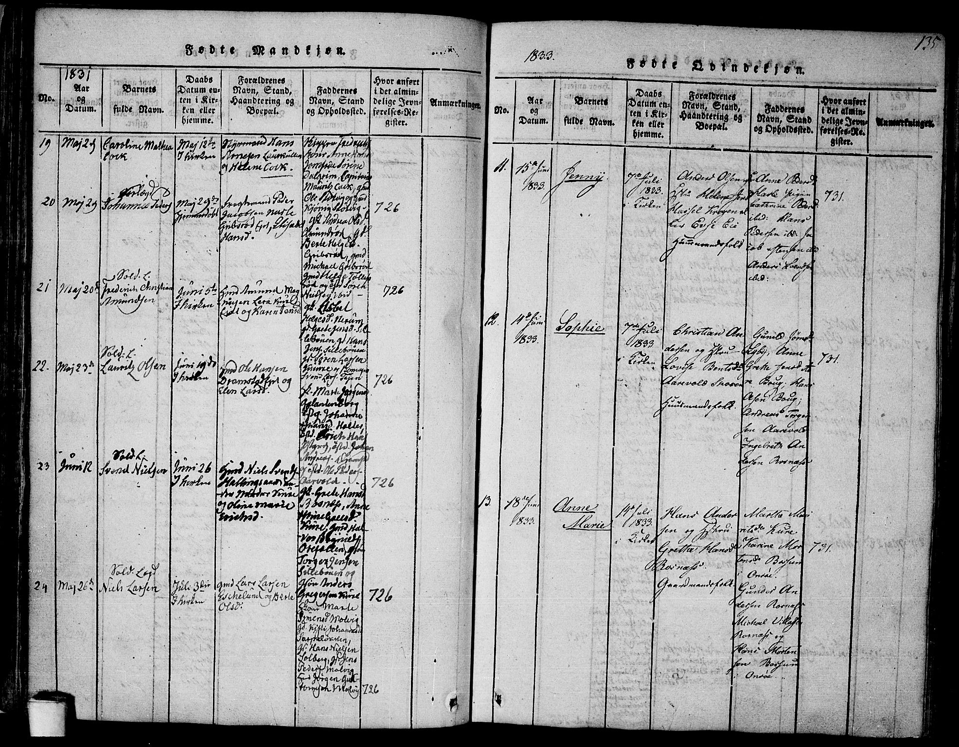 Rygge prestekontor Kirkebøker, AV/SAO-A-10084b/F/Fa/L0003: Parish register (official) no. 3, 1814-1836, p. 134-135