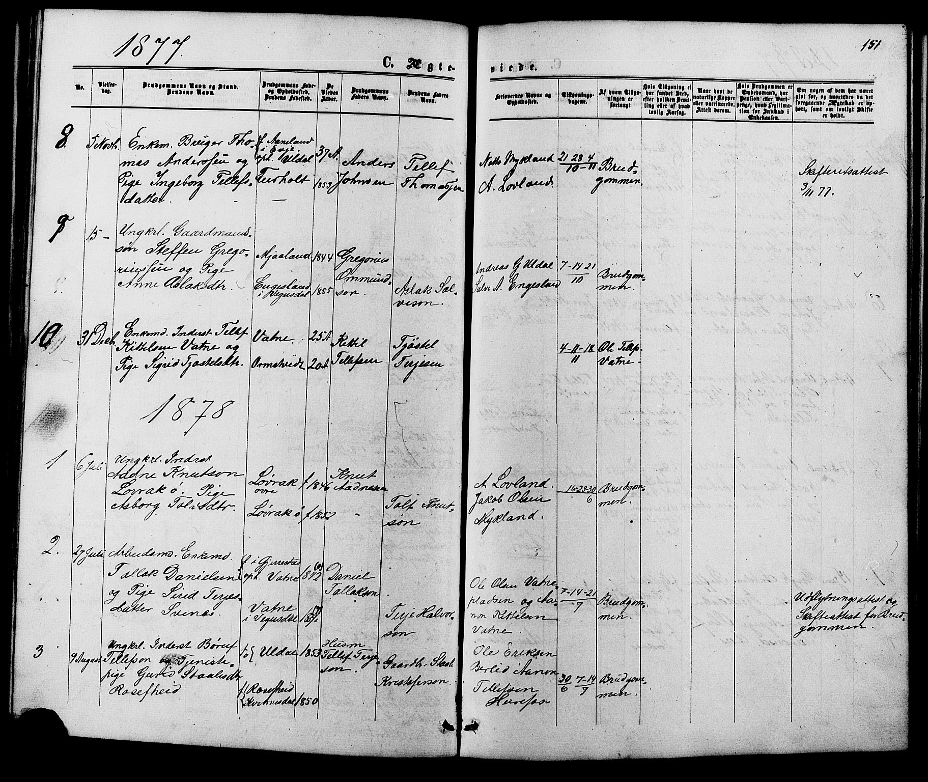 Herefoss sokneprestkontor, SAK/1111-0019/F/Fb/Fbc/L0002: Parish register (copy) no. B 2, 1867-1886, p. 151