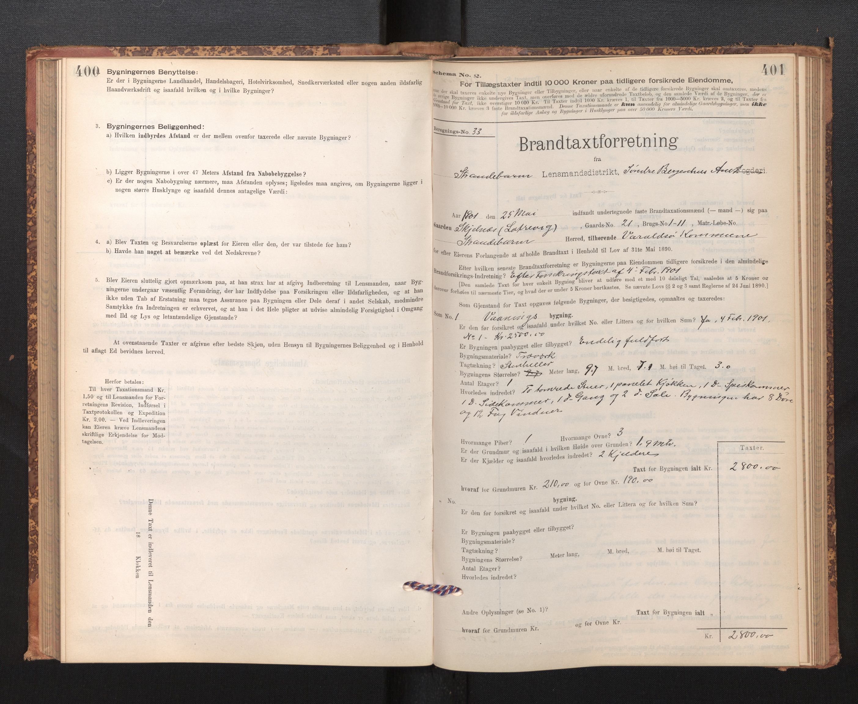 Lensmannen i Strandebarm, SAB/A-35101/0012/L0004: Branntakstprotokoll, skjematakst, 1895-1920, p. 400-401