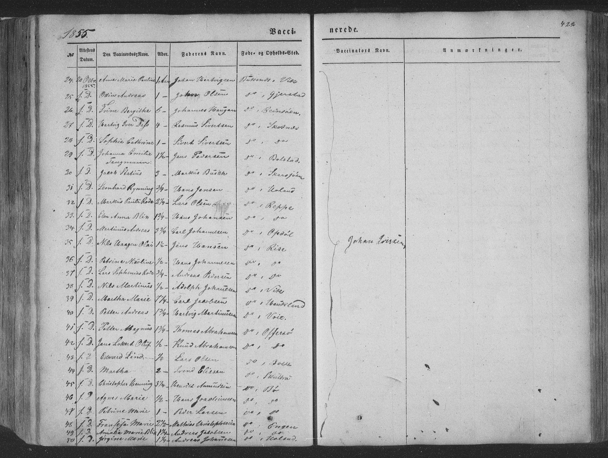 Ministerialprotokoller, klokkerbøker og fødselsregistre - Nordland, AV/SAT-A-1459/881/L1165: Parish register (copy) no. 881C02, 1854-1876, p. 422