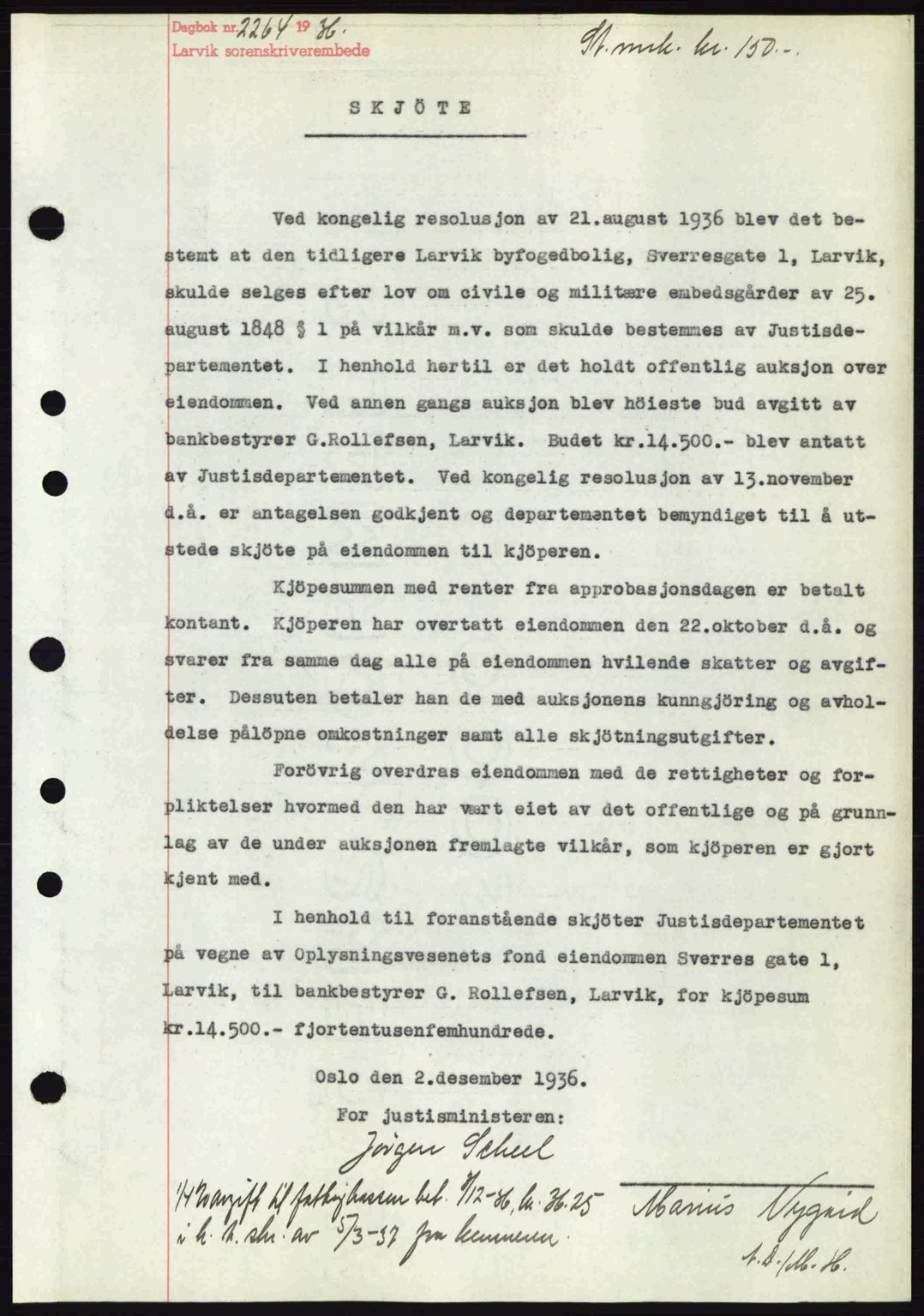 Larvik sorenskriveri, SAKO/A-83/G/Ga/Gab/L0067: Mortgage book no. A-1, 1936-1937, Diary no: : 2264/1936