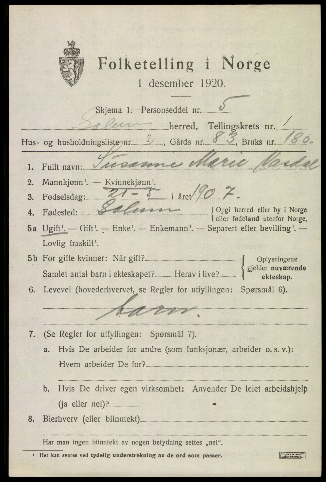SAKO, 1920 census for Solum, 1920, p. 2264