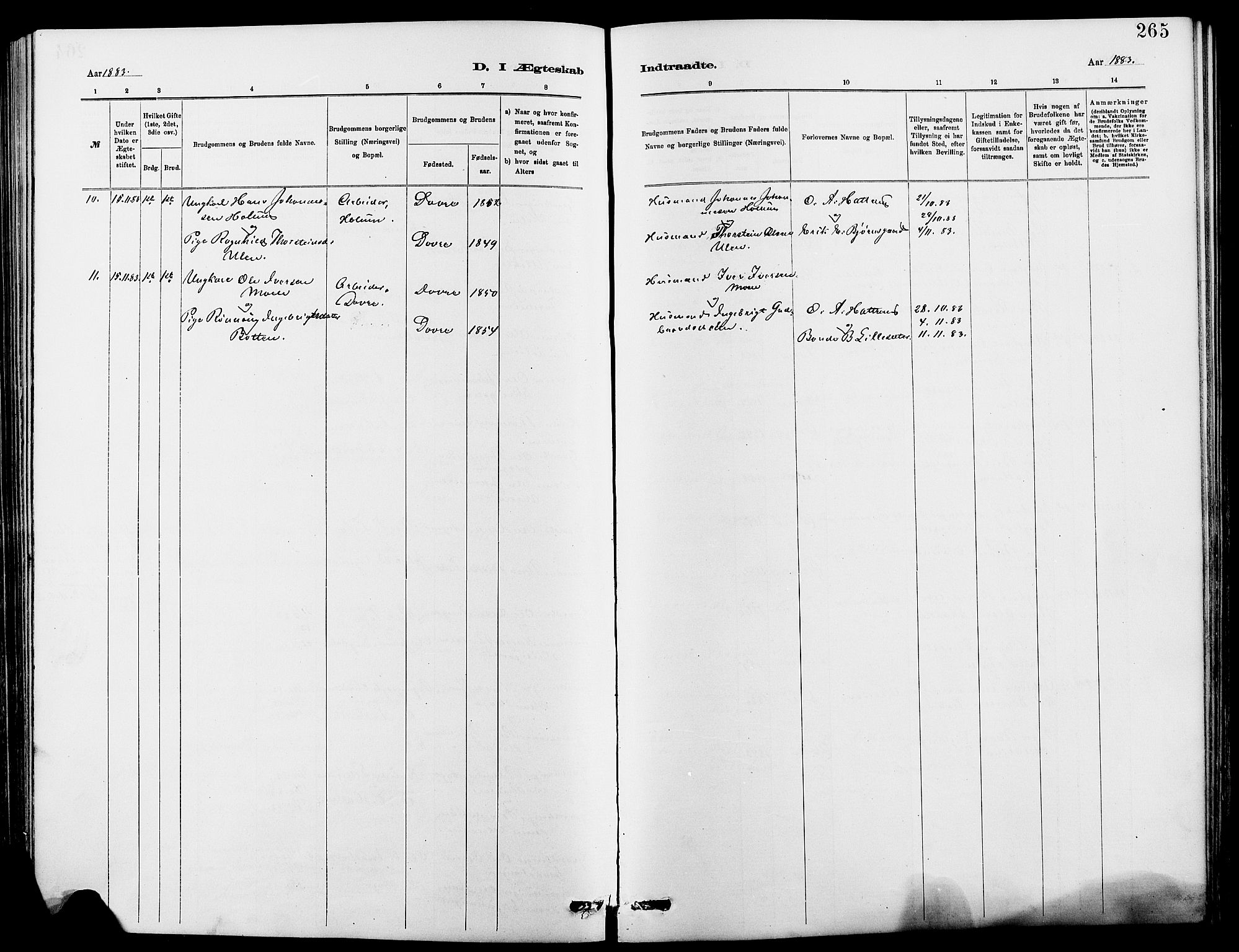 Dovre prestekontor, SAH/PREST-066/H/Ha/Hab/L0002: Parish register (copy) no. 2, 1881-1907, p. 265