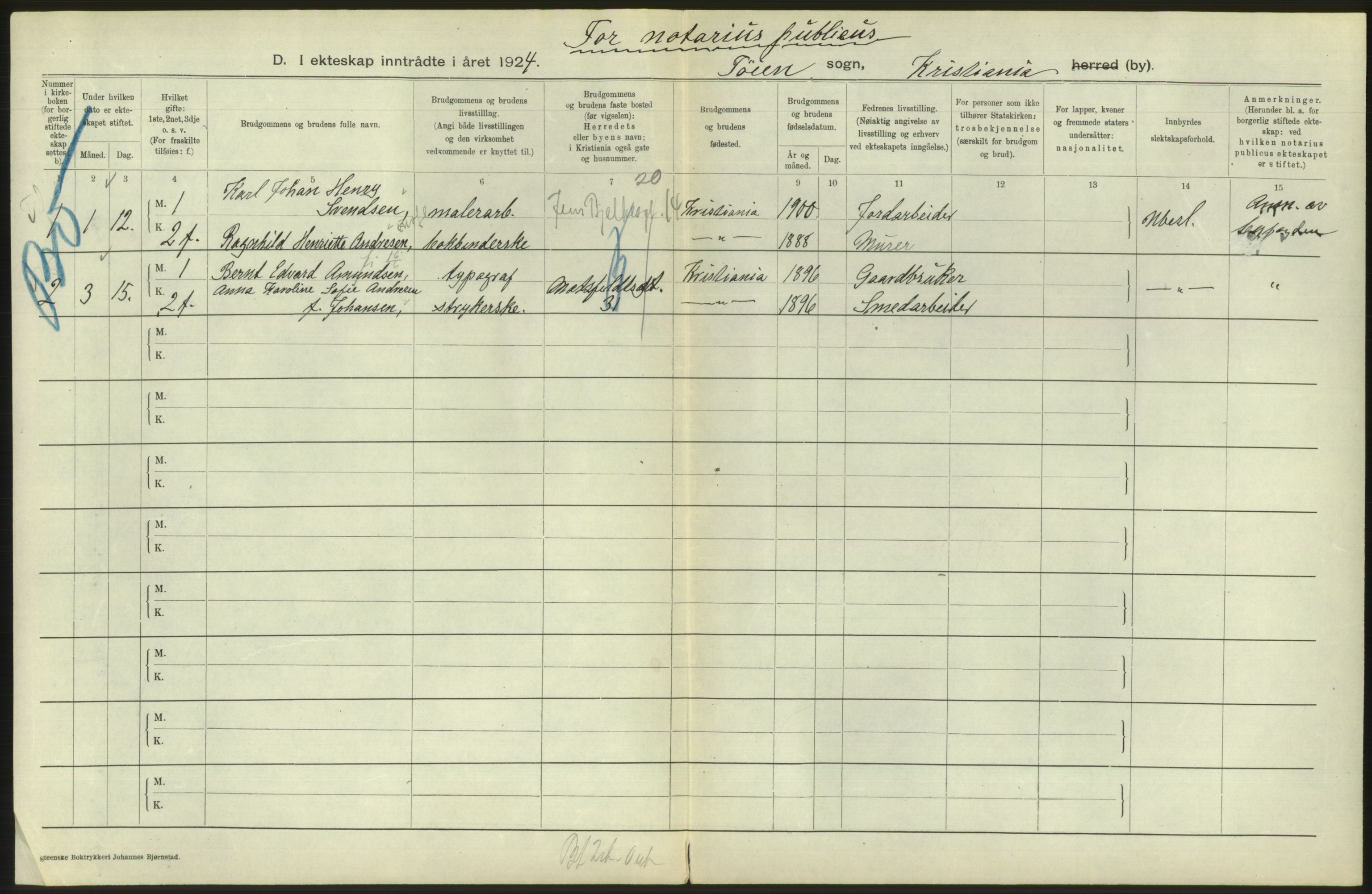 Statistisk sentralbyrå, Sosiodemografiske emner, Befolkning, RA/S-2228/D/Df/Dfc/Dfcd/L0007: Kristiania: Gifte, 1924, p. 696