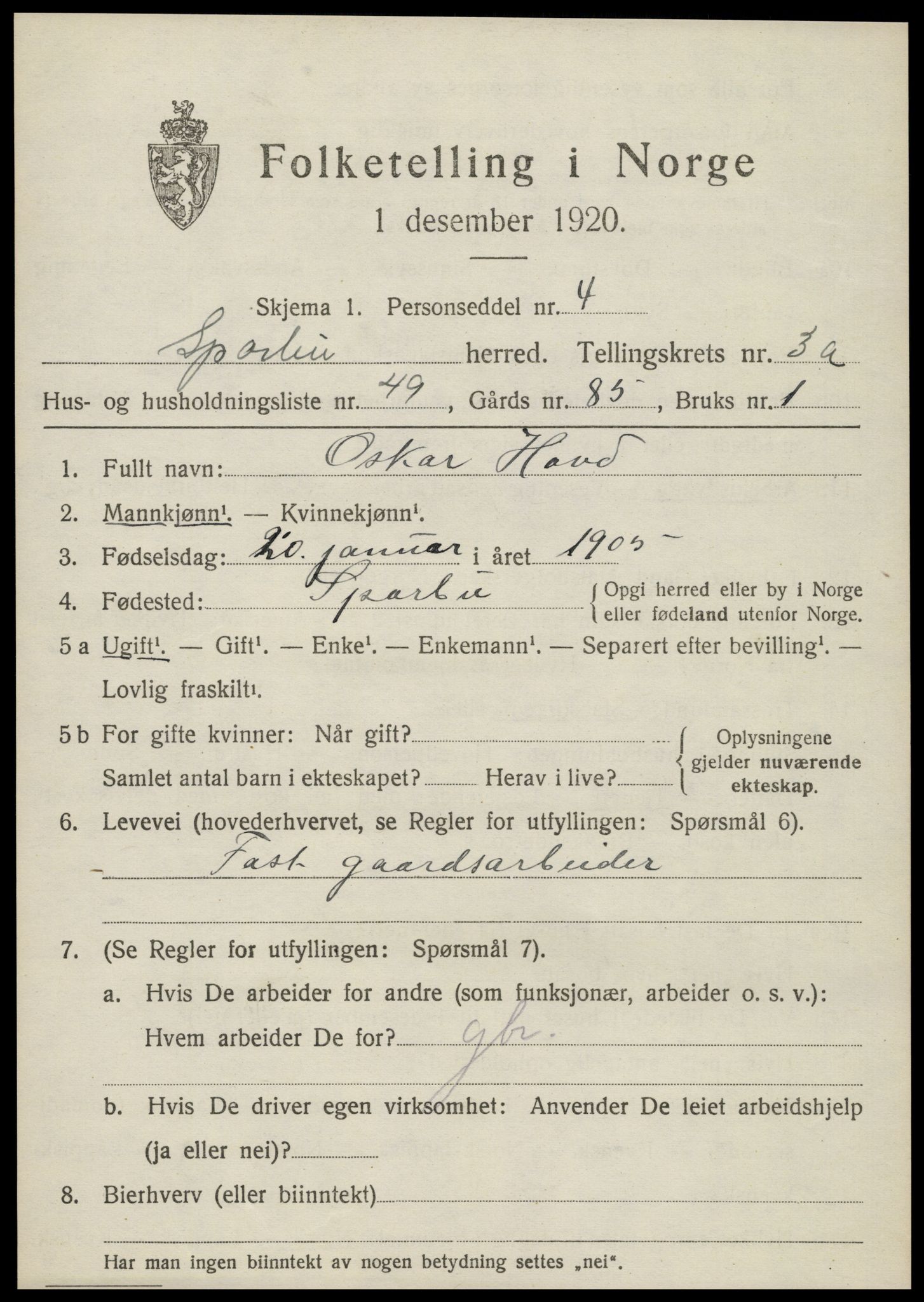 SAT, 1920 census for Sparbu, 1920, p. 4819