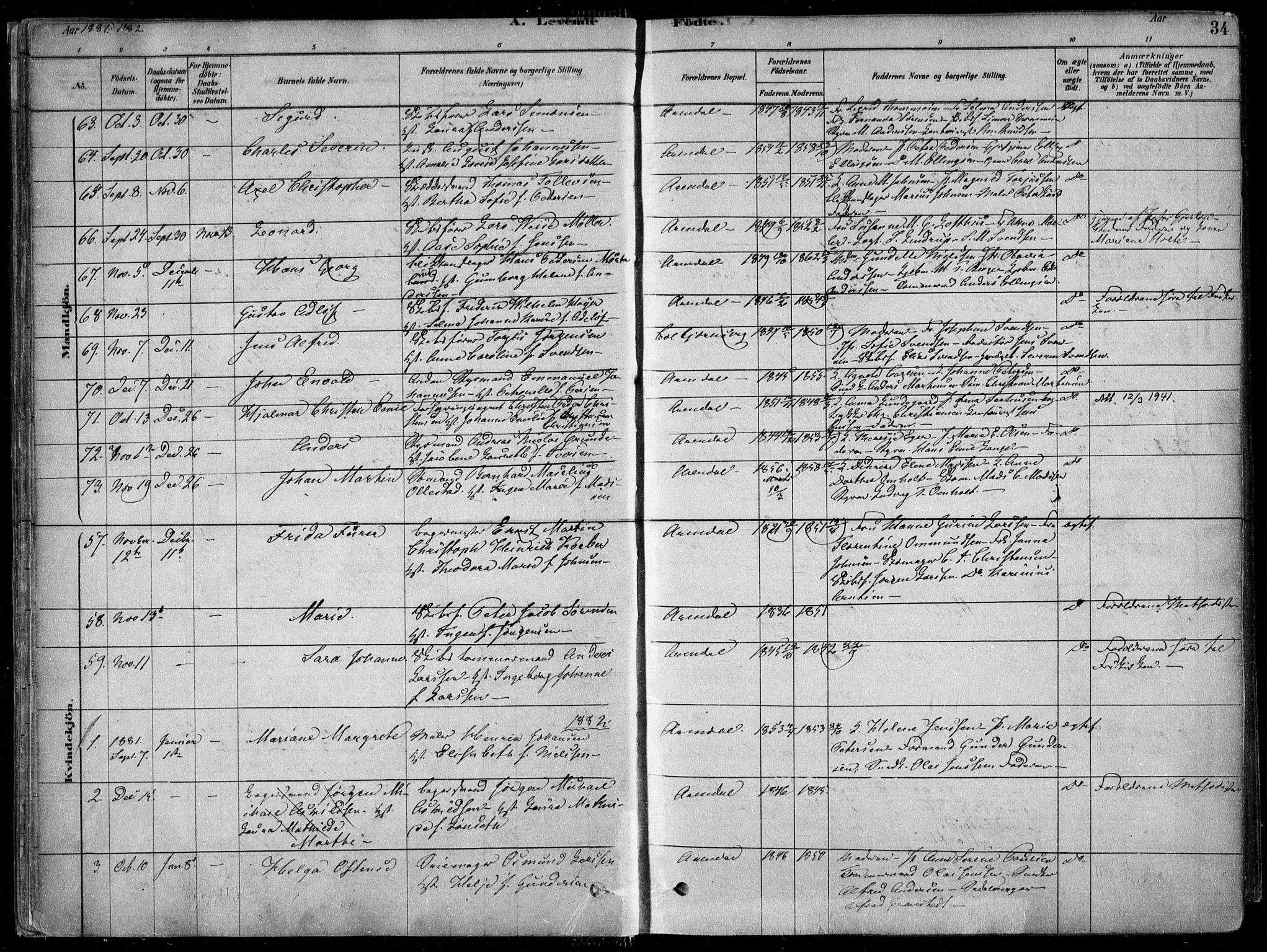 Arendal sokneprestkontor, Trefoldighet, SAK/1111-0040/F/Fa/L0008: Parish register (official) no. A 8, 1878-1899, p. 34