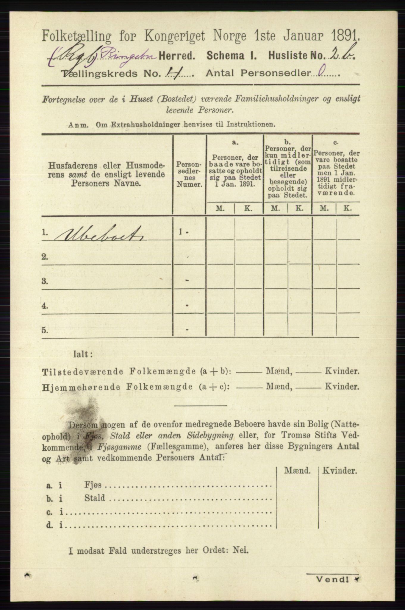 RA, 1891 census for 0520 Ringebu, 1891, p. 1262